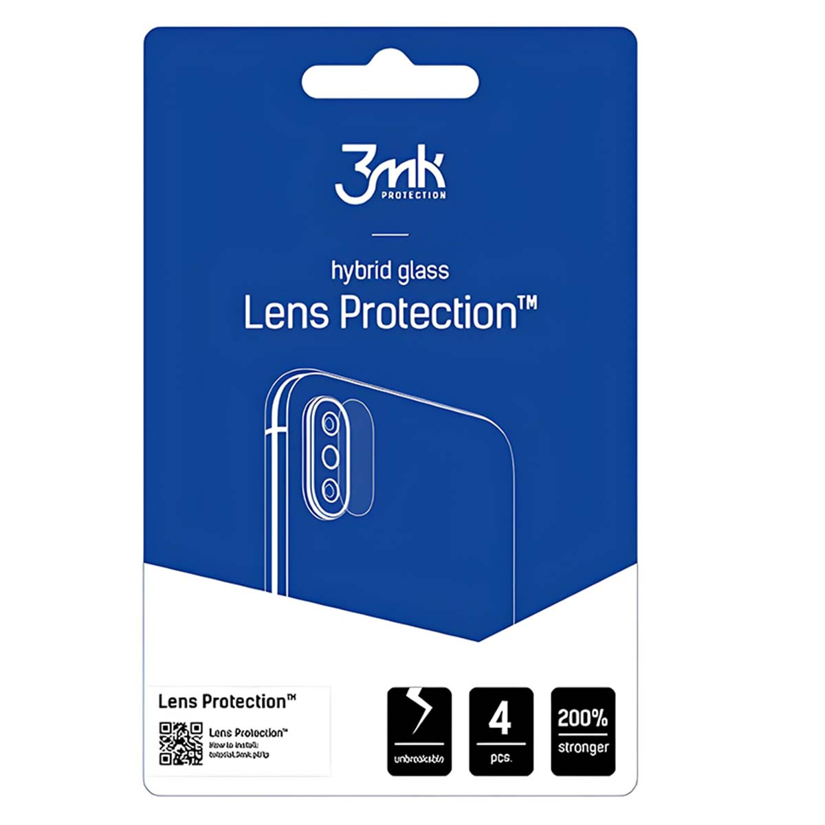 Niebieskie opakowanie z ochroną obiektywu. Tekst: 3mk, Lens Protection, szkło hybrydowe, nietłukące, 4 szt., 200% mocniejsze.