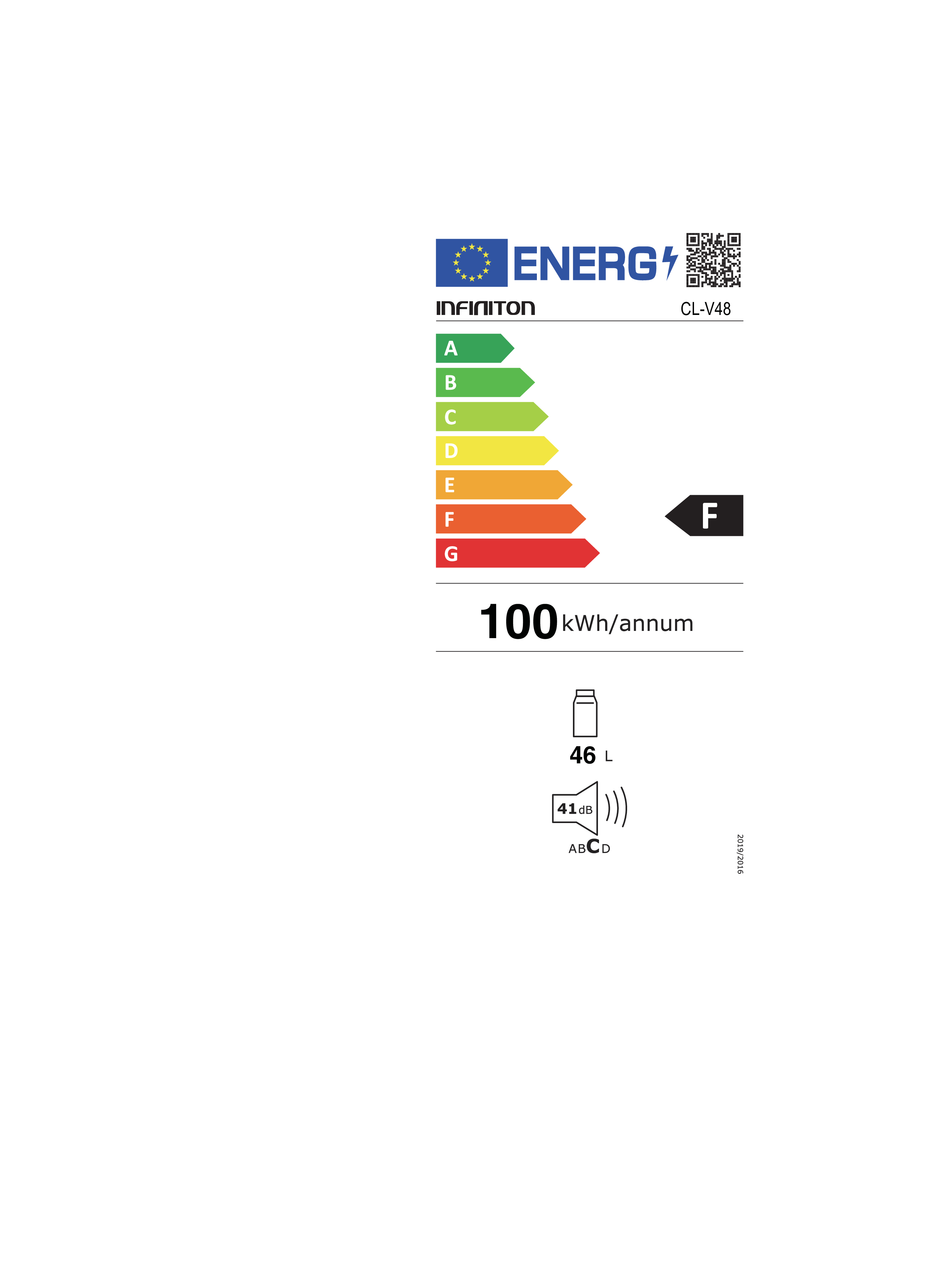 Etiqueta energética. Muestra clasificaciones de eficiencia energética, incluyendo 'F'. Muestra el consumo anual, volumen y nivel de ruido.
