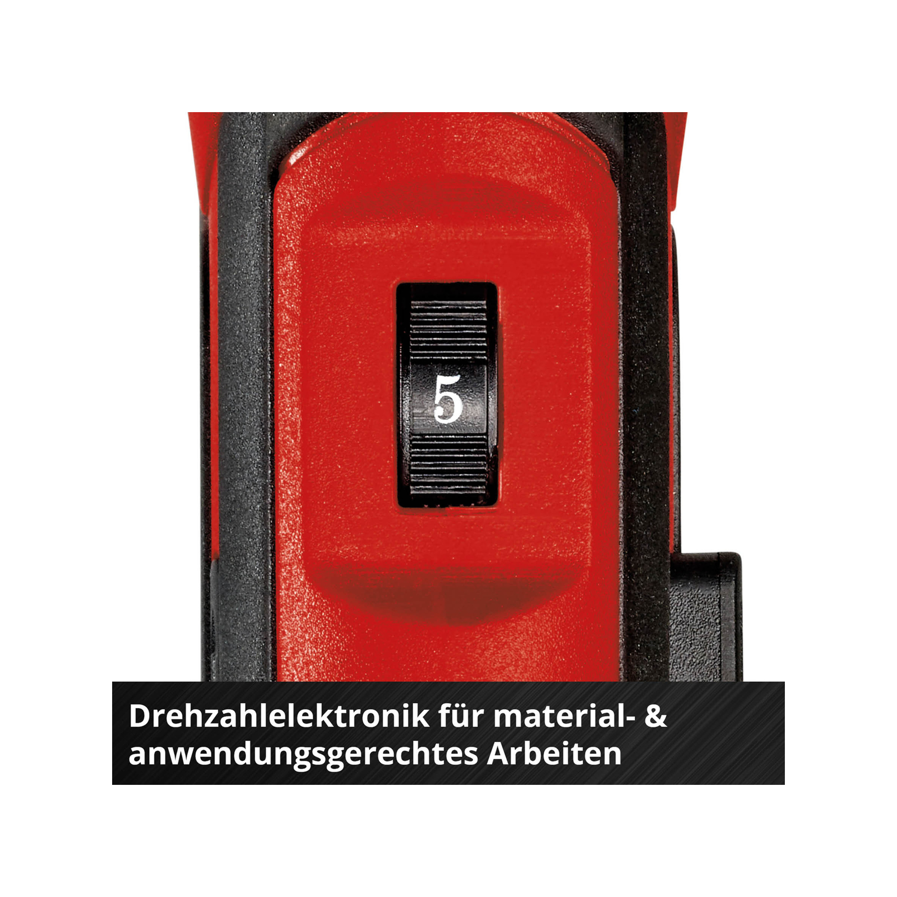 Close-up of a red tool with a black dial showing the number 5. Text is at the bottom.
