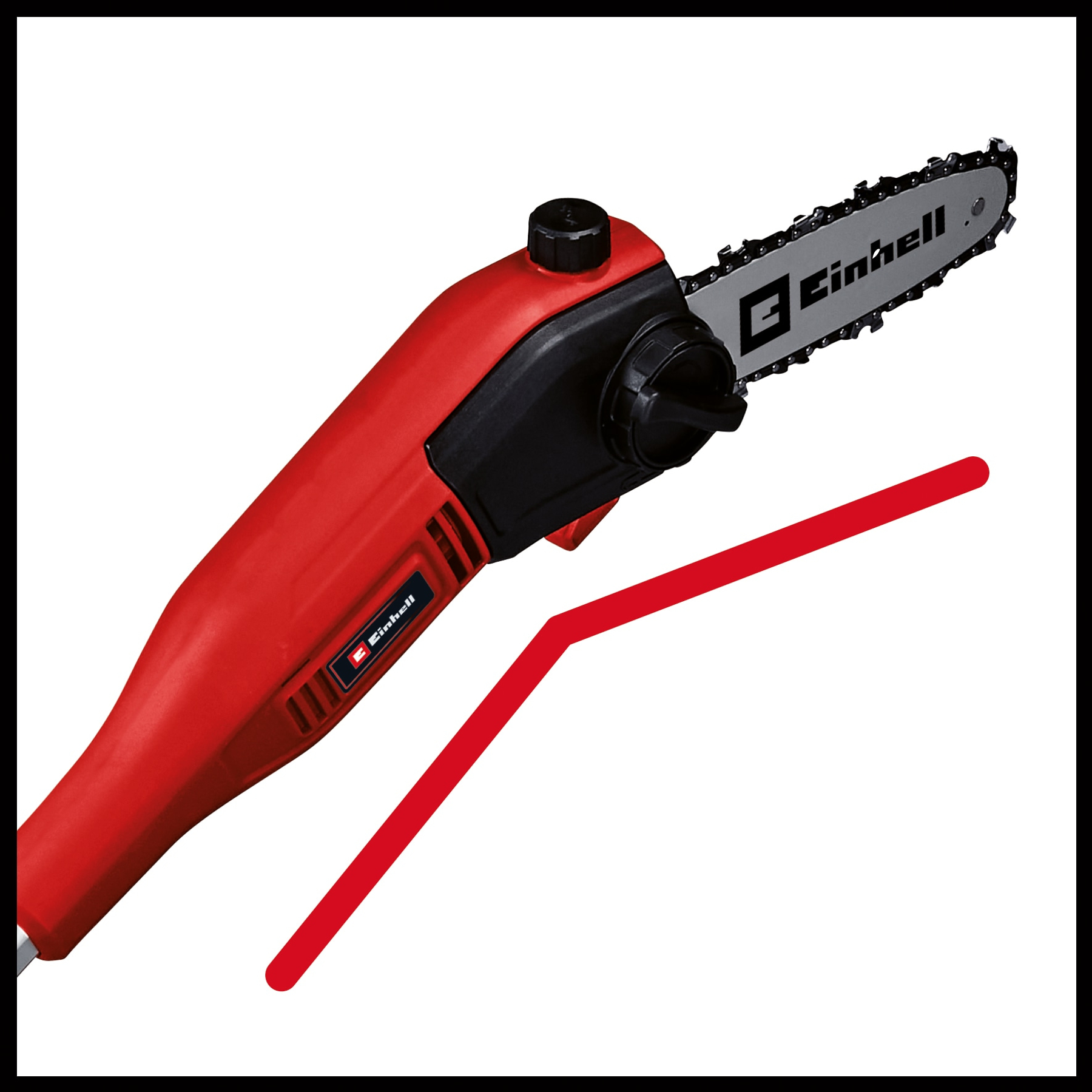 Motosierra Einhell roja y negra sobre fondo blanco. También hay una línea roja. La sierra tiene una hoja plateada.