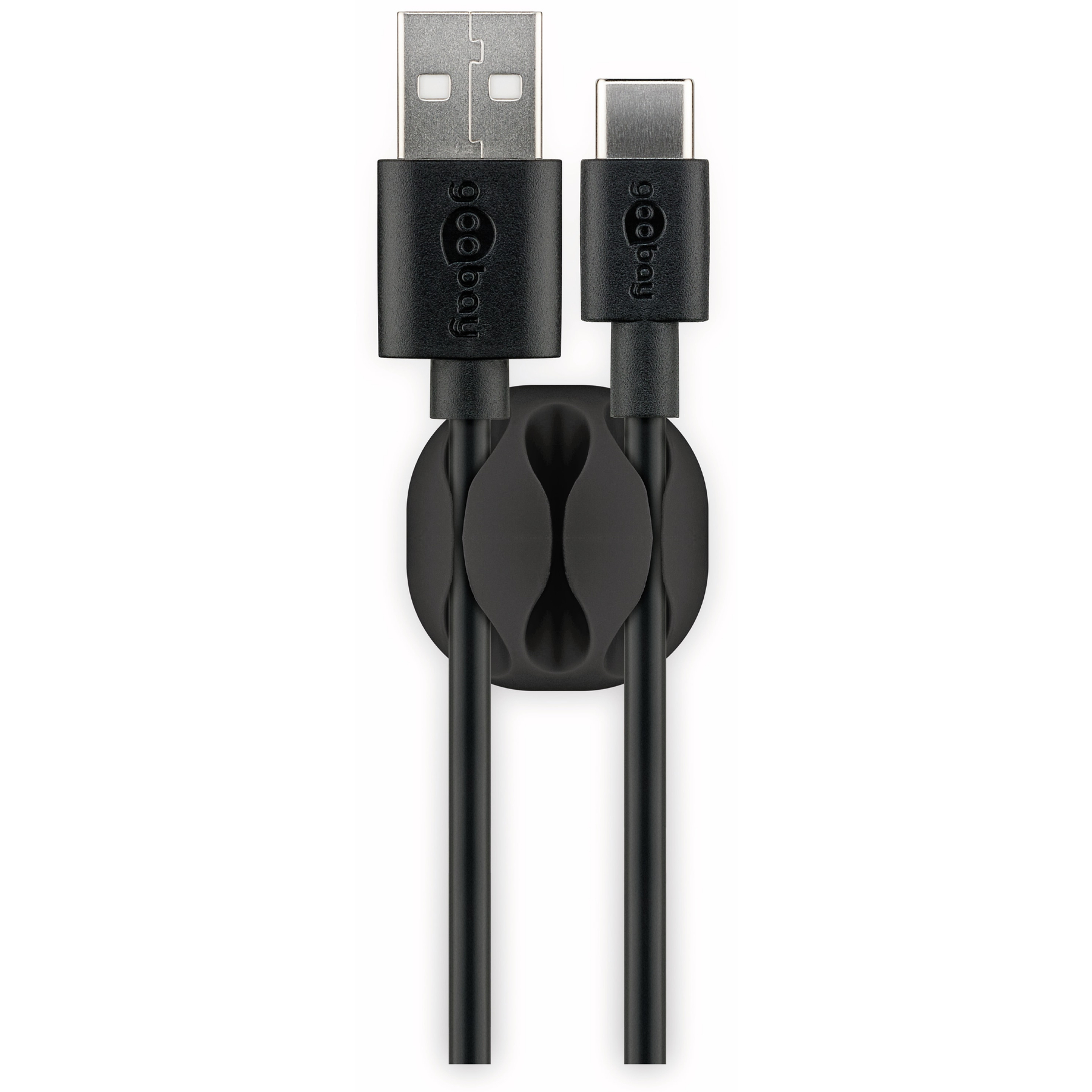 Schwarze USB- und USB-C-Kabel mit 'goobay'-Branding, gehalten von einem schwarzen Kabelorganizer, vor weißem Hintergrund.