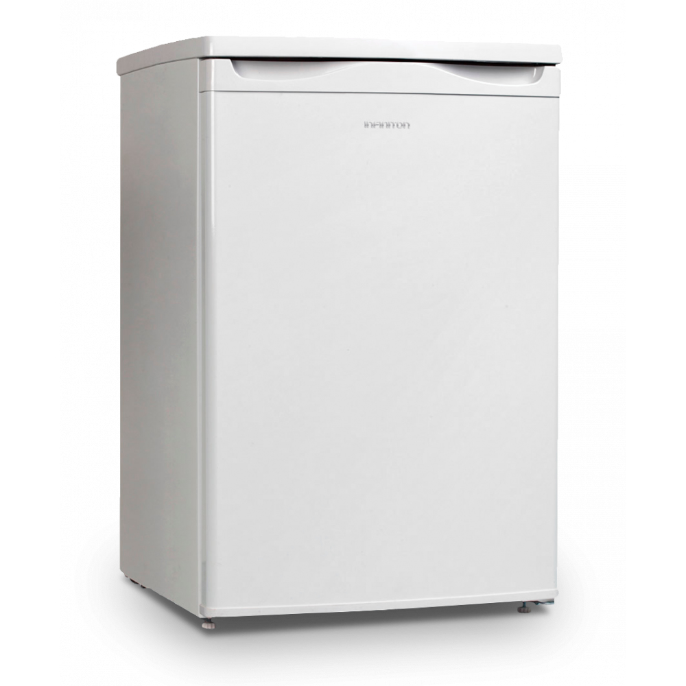 Un refrigerador blanco está de pie contra un fondo blanco. El nombre de la marca es visible en la parte delantera.