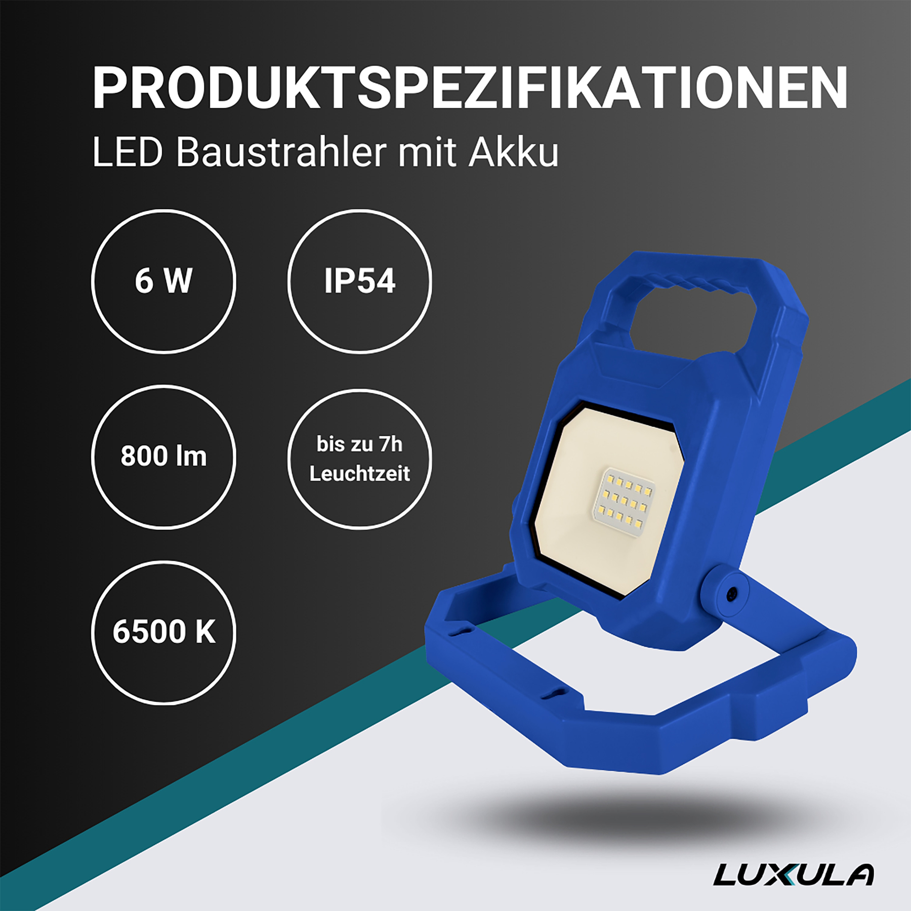 Niebieska lampa robocza LED ze specyfikacjami: 6W, IP54, 800 lm, do 7h baterii i 6500K. Marka to LUXULA.