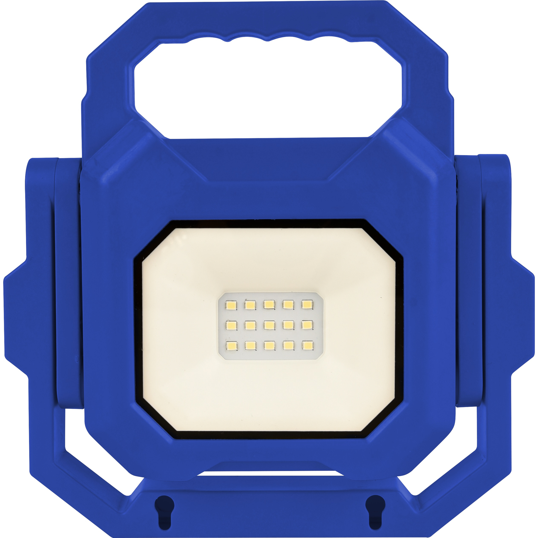 Niebieska lampa robocza z uchwytem. Posiada biały panel świetlny z kwadratowymi diodami LED i niebieską ramką.