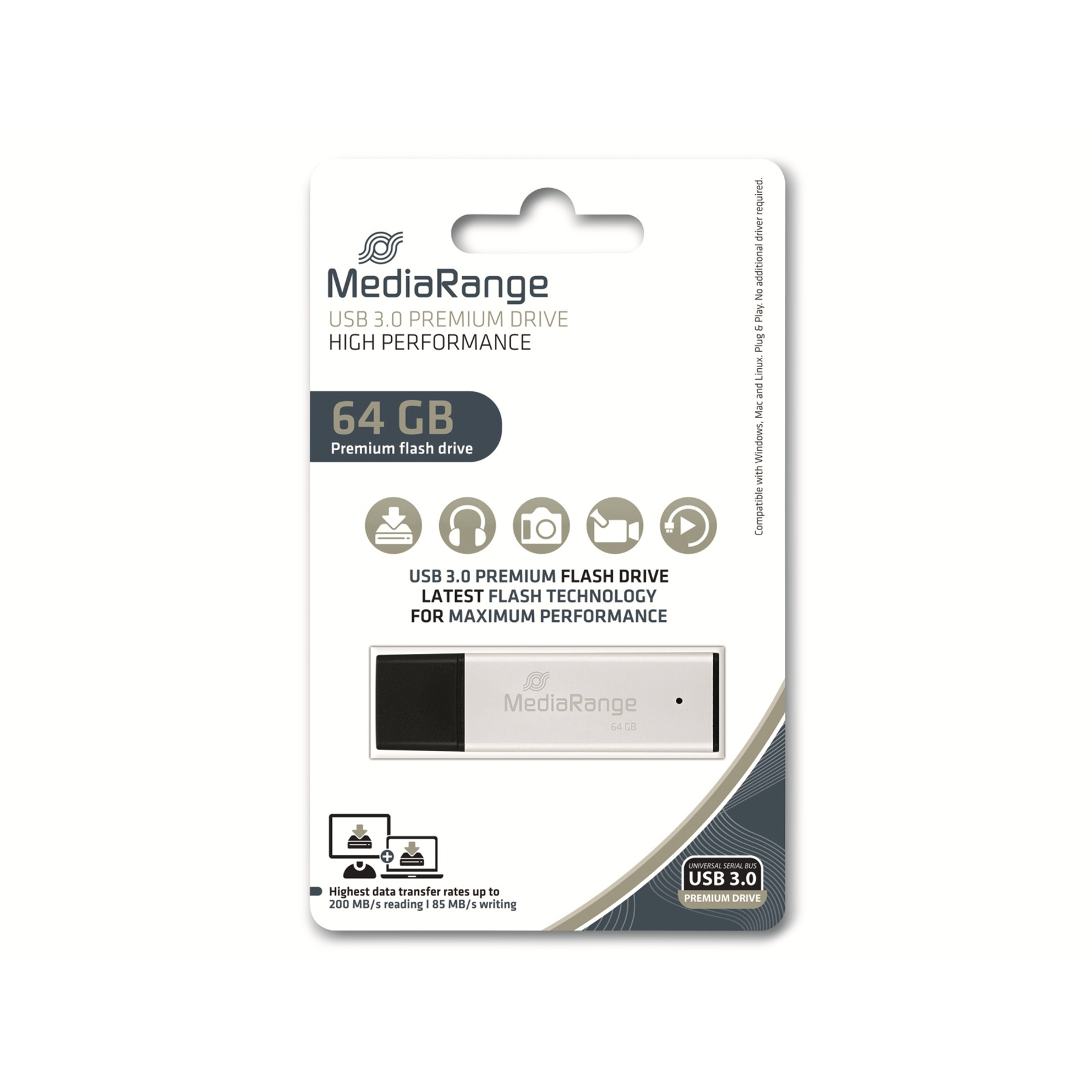Opakowanie dysku flash USB 3.0 MediaRange. Przedstawia produkt, jego cechy i logo marki.