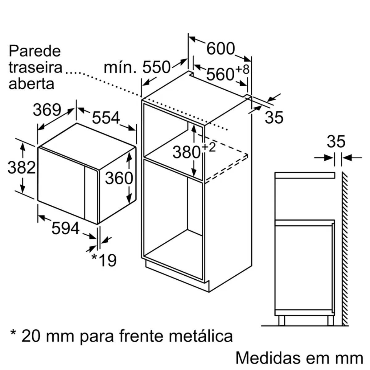 Schemat piekarnika do zabudowy, pokazujący wymiary w mm. Zawiera wymiary piekarnika i szafki. Etykiety tekstowe są w języku portugalskim.