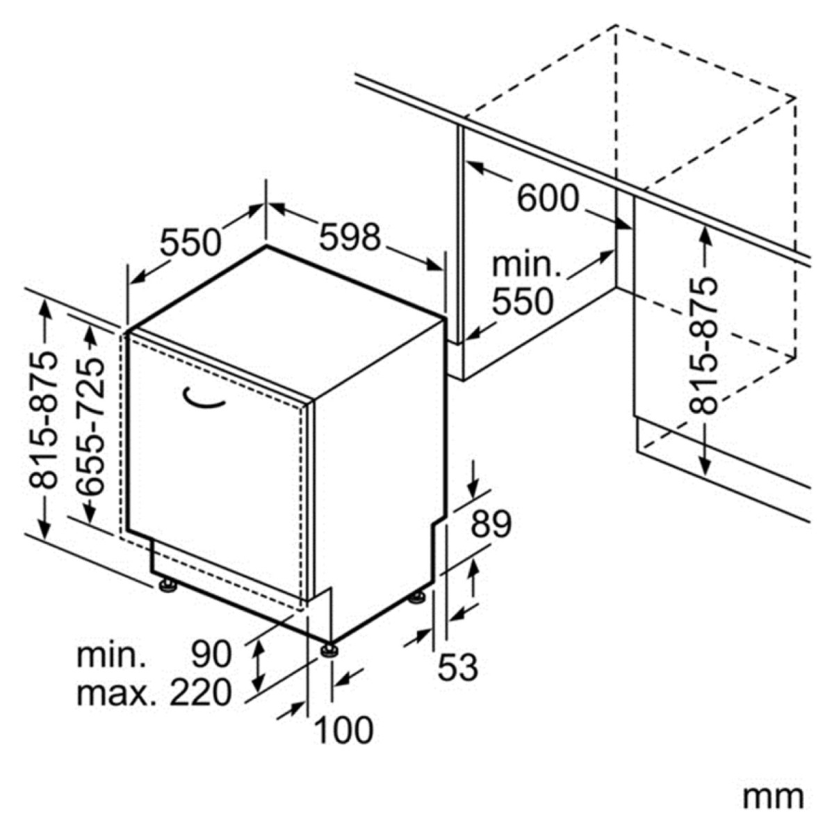 Dibujo isométrico de un lavavajillas con dimensiones en milímetros. Muestra altura, anchura y profundidad para la instalación.