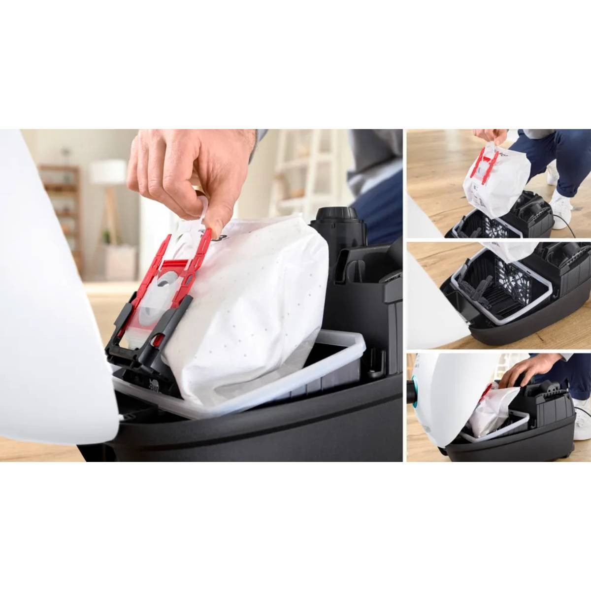 Osoba wymienia biały worek do odkurzacza. Worek jest trzymany przez czerwoną i czarną plastikową ramę, w czarnej komorze.