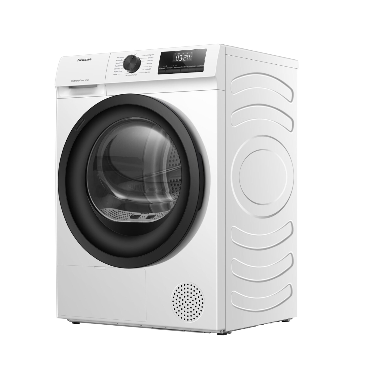 Weißer Hisense Wärmepumpentrockner. Schwarze Tür, Bedienfeld und Digitalanzeige mit Uhrzeit. Die Maschine steht auf weißem Hintergrund.