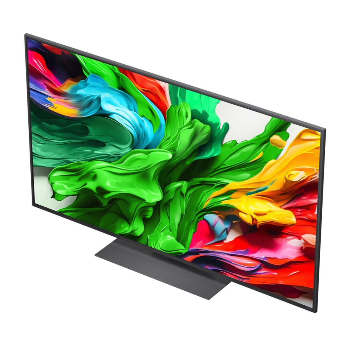 Ein moderner Fernseher zeigt lebendige abstrakte Kunst mit grünen, blauen, gelben und roten Farbtönen. Er steht auf einem dunkelgrauen Ständer vor weißem Hintergrund.