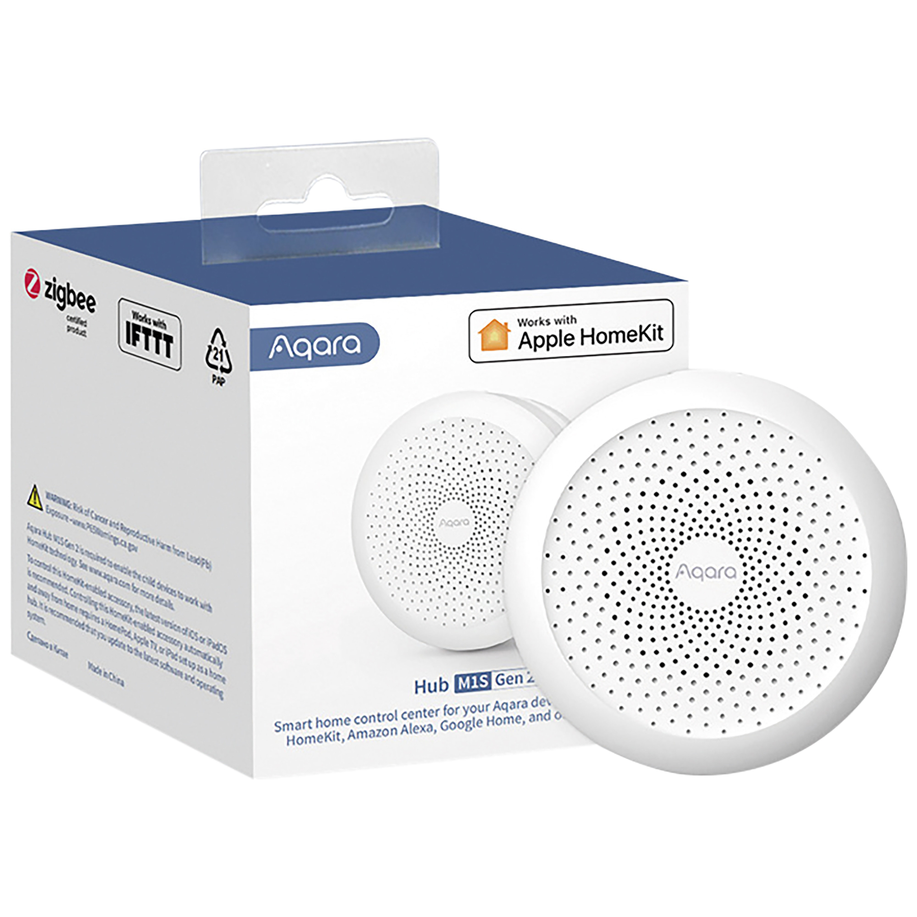 Witte Aqara M1S Gen 2 smart home hub in een doos. Voorzien van Zigbee, Apple HomeKit en IFTTT.