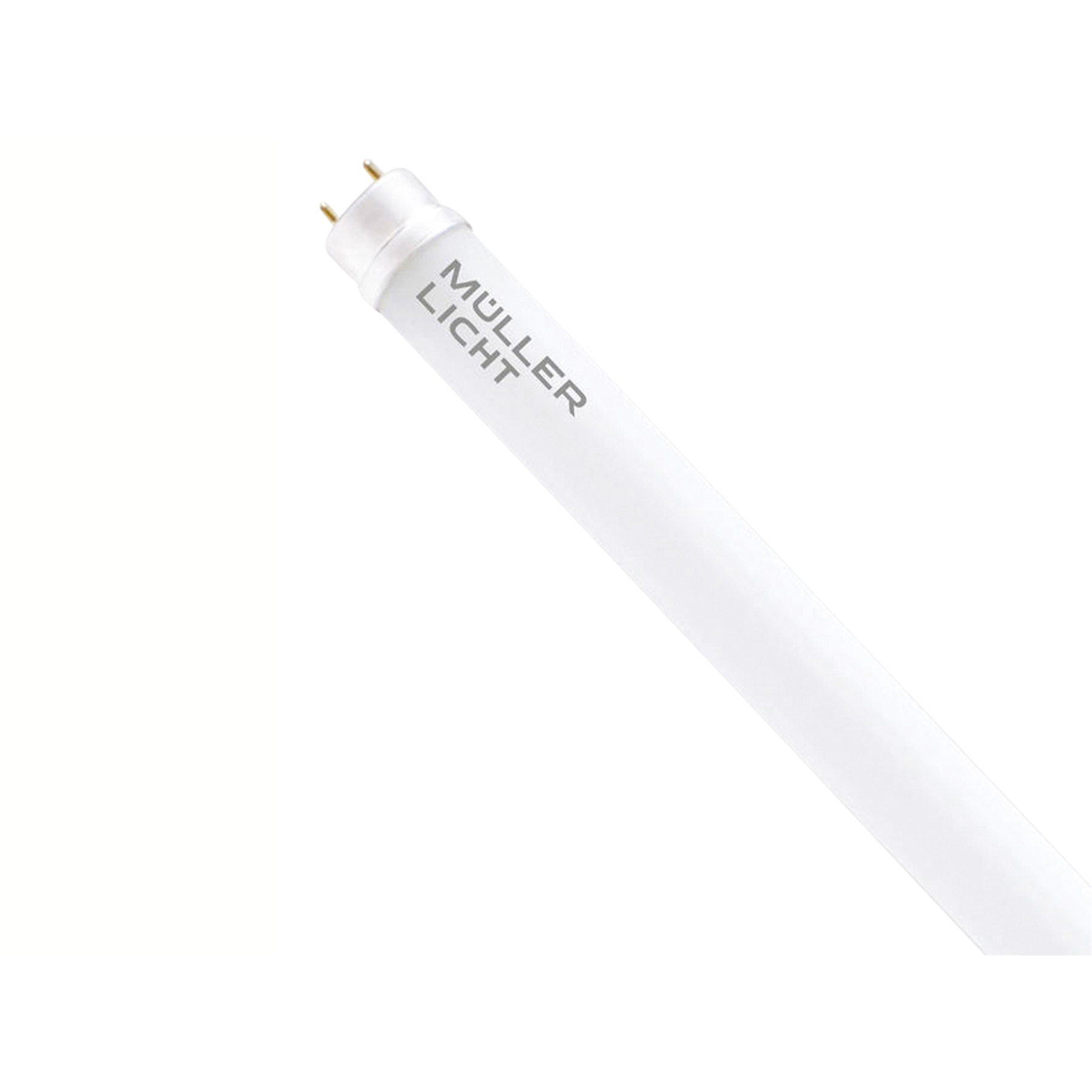 Biała świetlówka z nadrukowaną marką 'MULLER LICHT', ustawiona pod kątem na białym tle.
