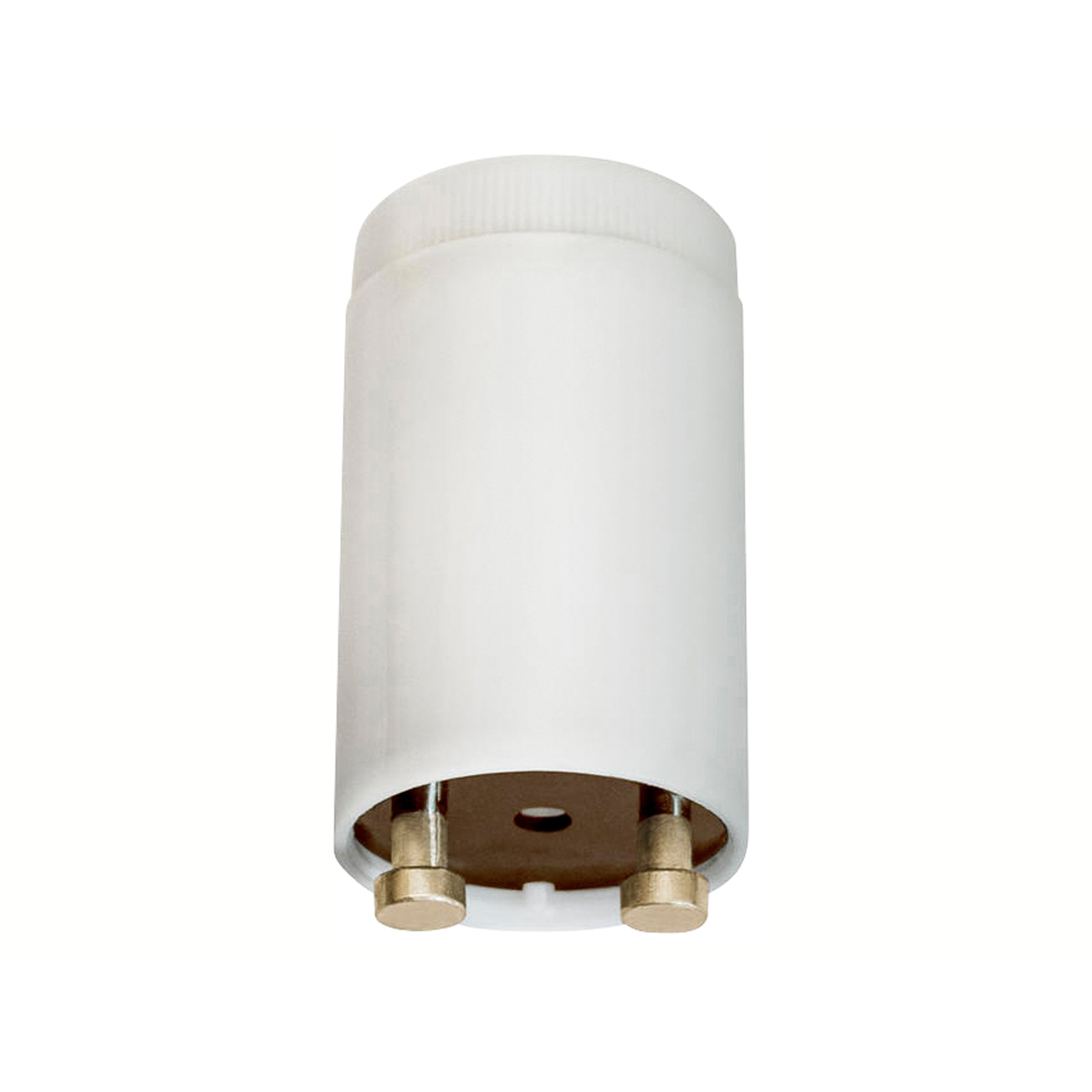 Białe cylindryczne gniazdo żarówki. Ma dwa złote piny na dole i żebrowaną górę.