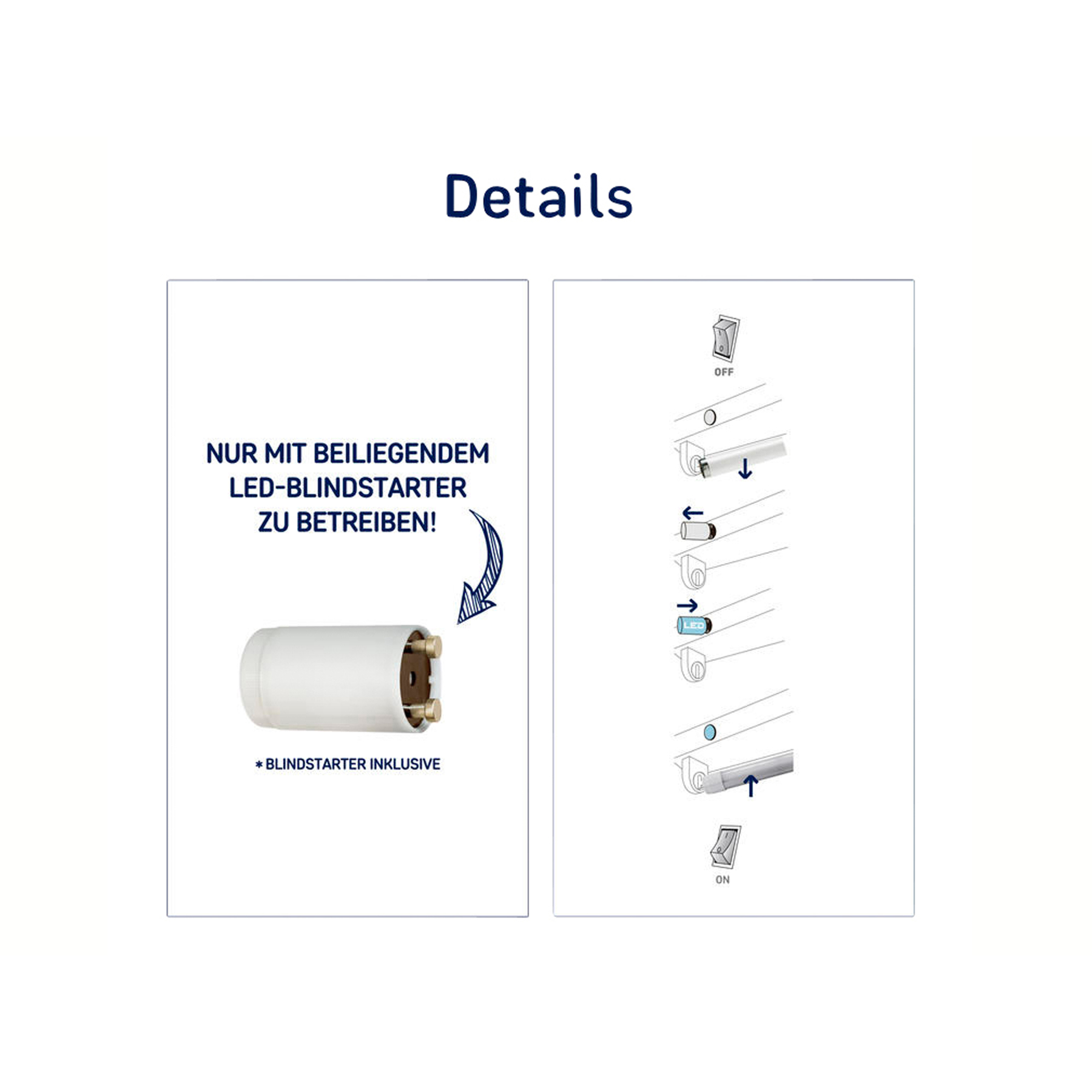 Schemat przedstawia starter LED, instrukcje i włącznik/wyłącznik. Tekst zawiera 'LED-BLINDSTARTER' i 'Details' w kolorze niebieskim.