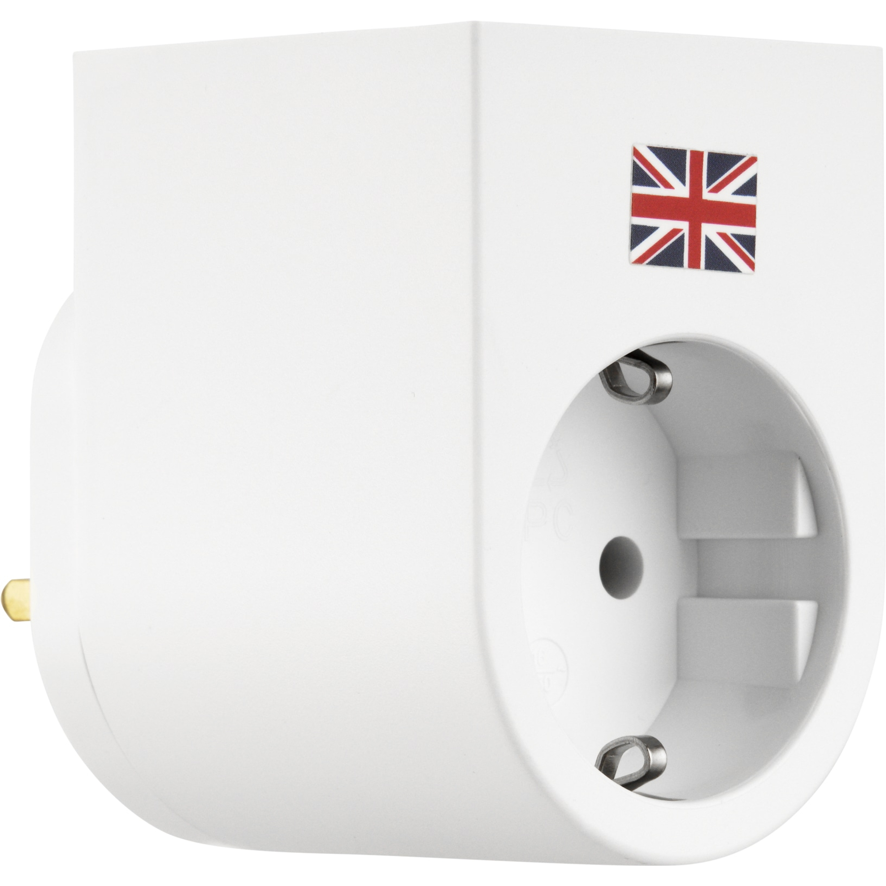 Adattatore per spina UK bianco. Presenta una Union Jack e una presa. La spina ha un perno dorato.