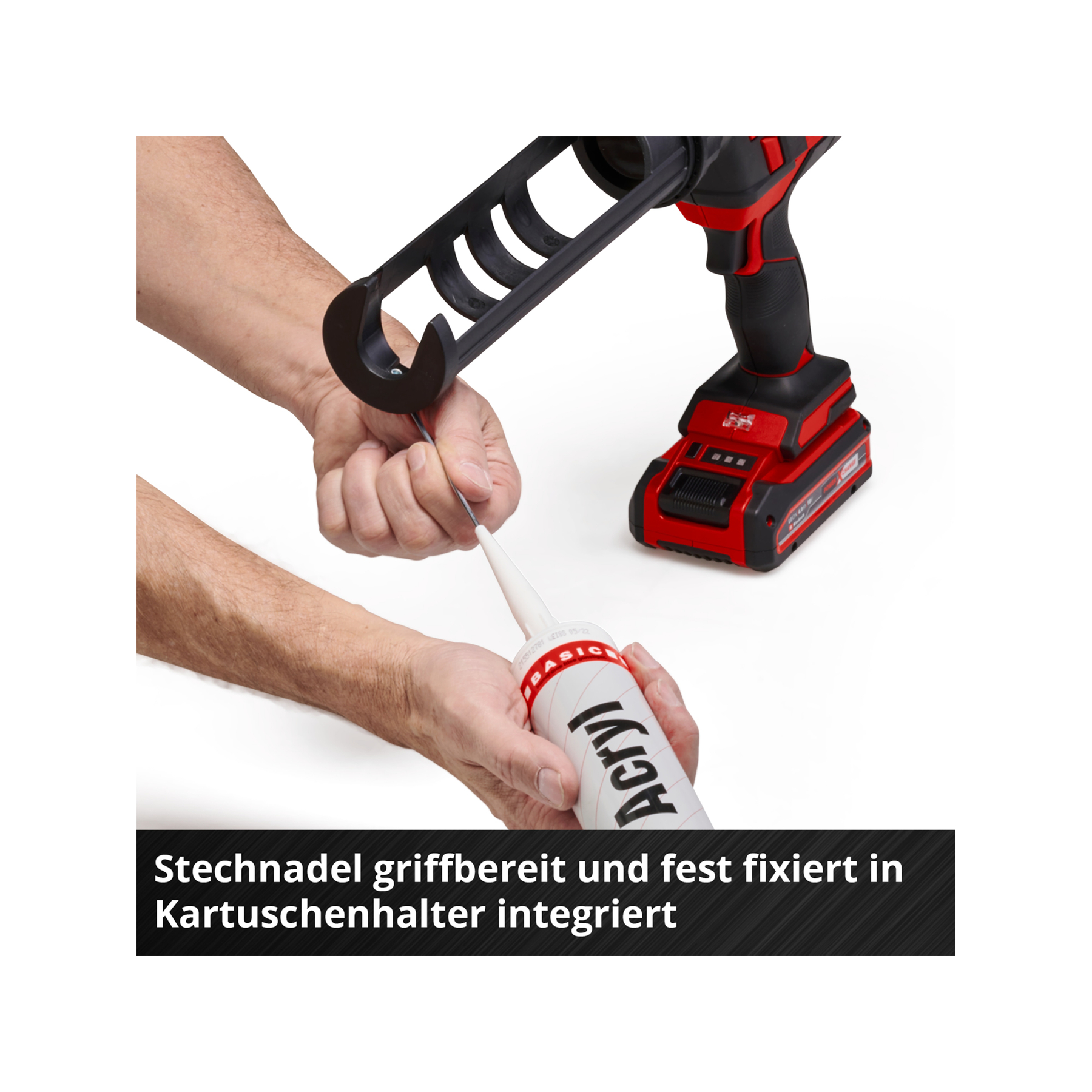 Person holding a caulking gun and a tube of acrylic. Red and black power tool is visible in the background.