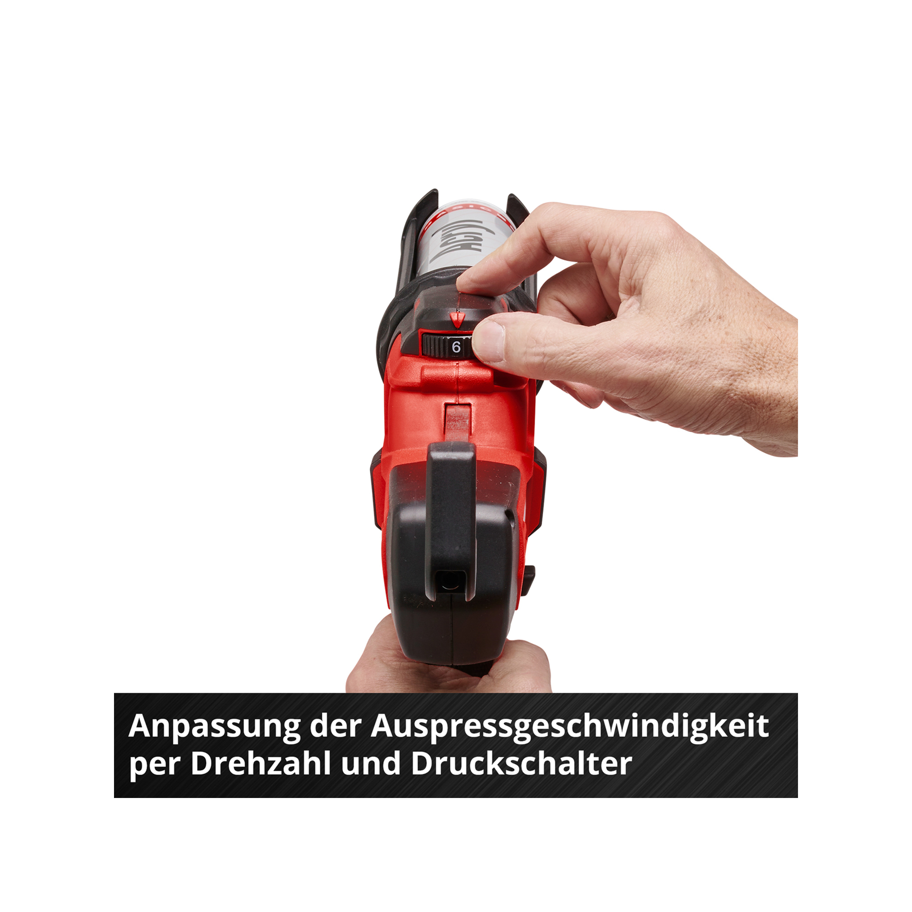A hand adjusts a red and black caulking gun. The setting is on 6. Text below reads: Adjustment of the extrusion speed.
