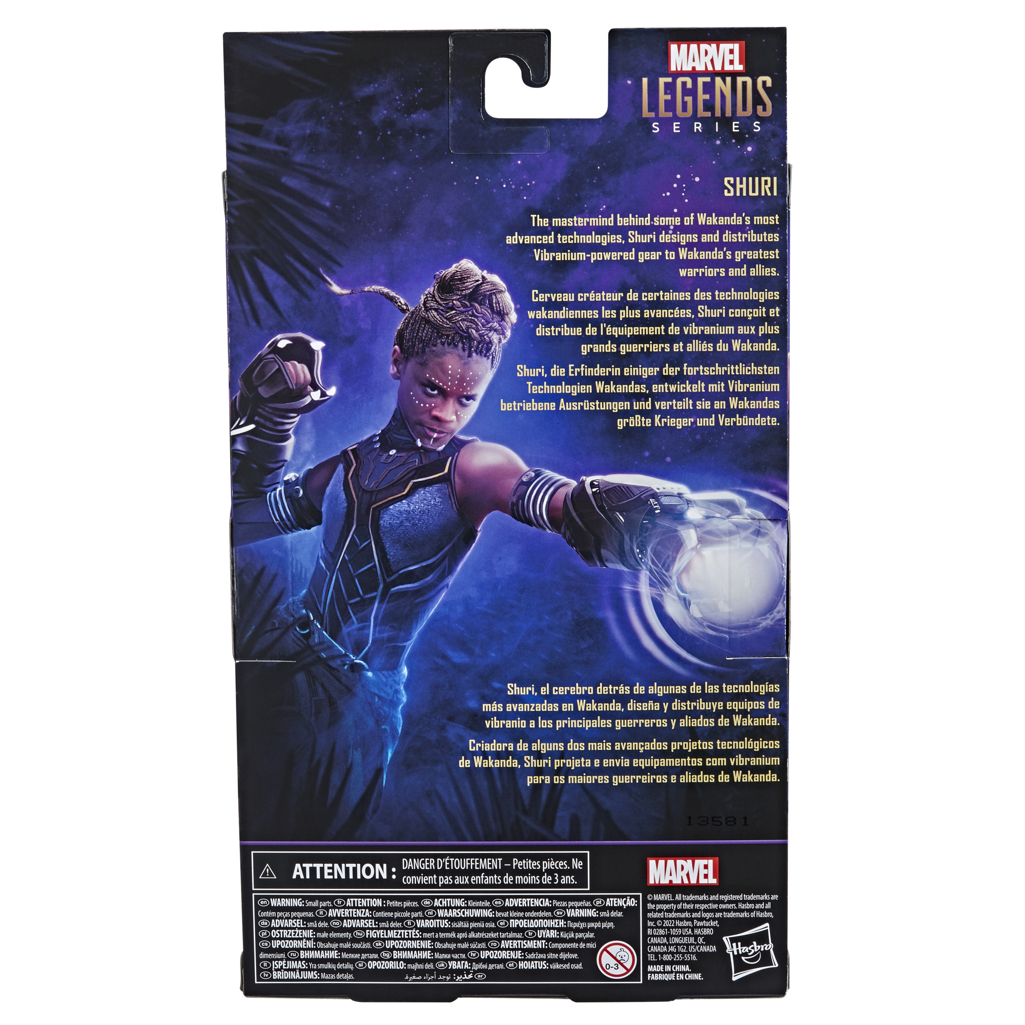 Marvel Legends kutusunda Shuri figürü. Fütüristik bir eldivenle dinamik bir pozda. Arka plan mor ve mavi.