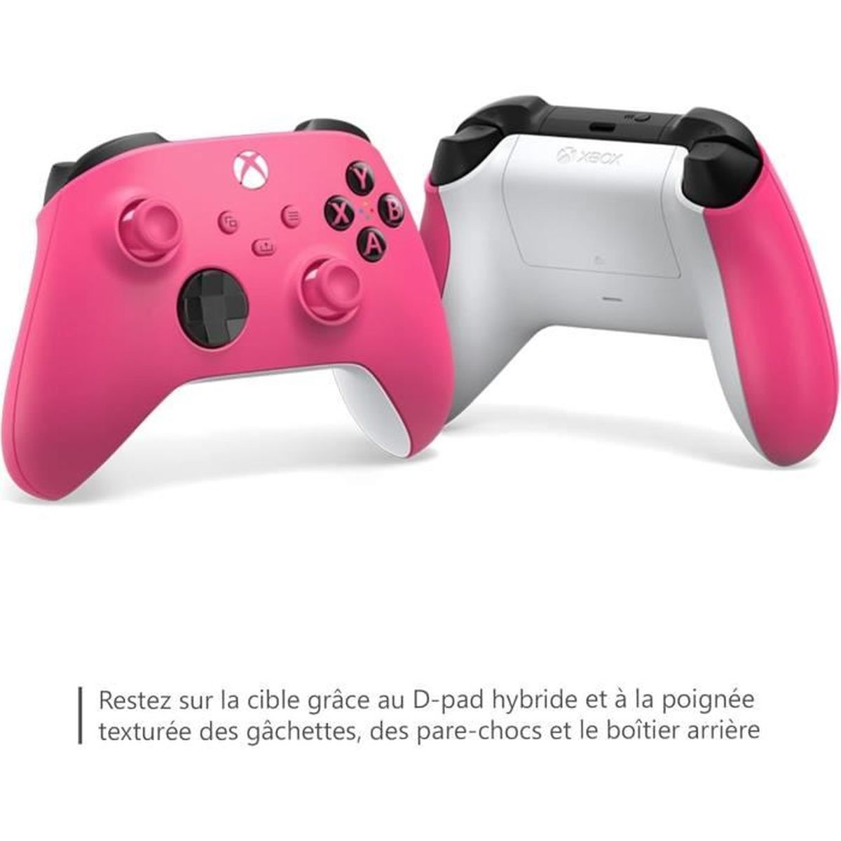 Twee roze Xbox-controllers. Eén toont de voorkant, knoppen zichtbaar; de andere de achterkant, wit met zwarte accenten.
