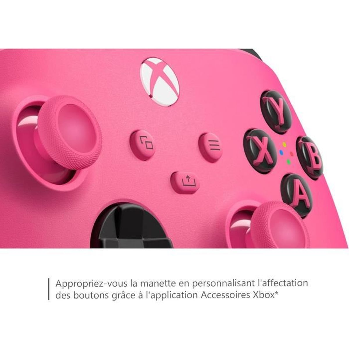 Roze Xbox-controller close-up. Toont knoppen, analoge sticks en het Xbox-logo. Tekst: 'Personaliseer de knoptoewijzing'.