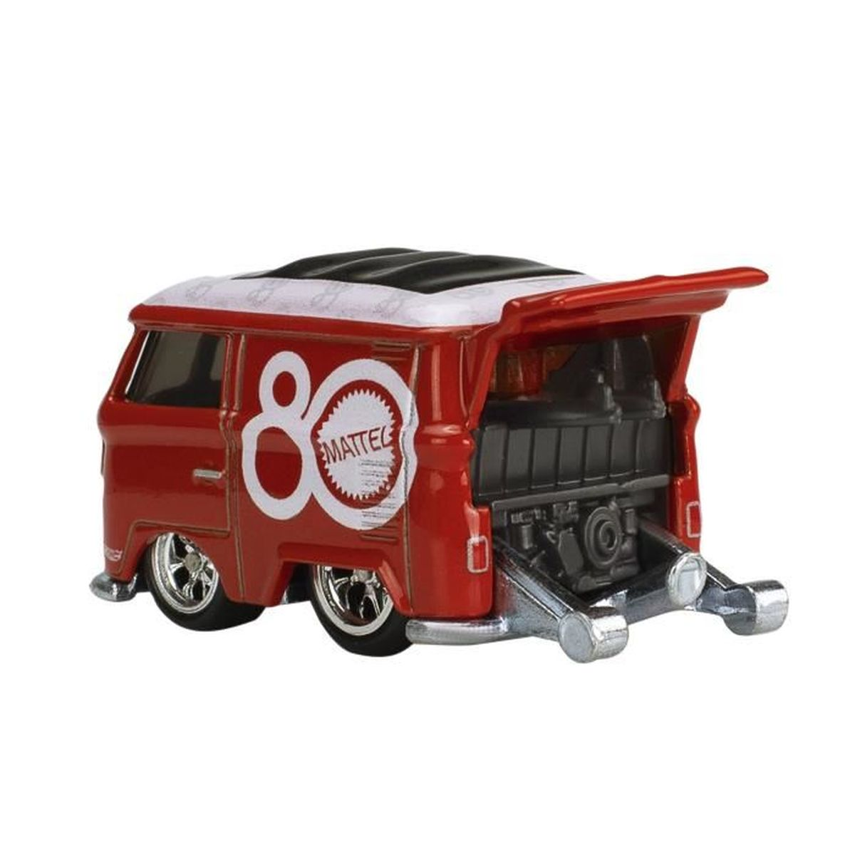 Furgoncino giocattolo rosso con retro aperto. Ha tetto bianco e logo "80 Mattel". Ruote argentate e dettagli del motore visibili.