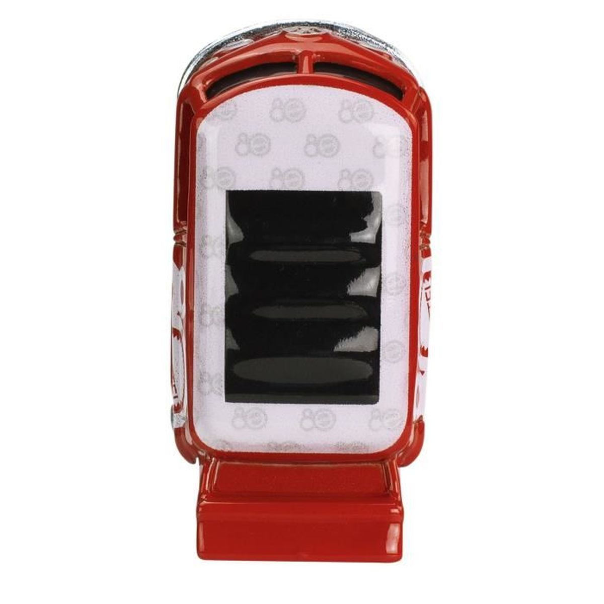 Una cabina telefonica giocattolo rossa con un pannello centrale bianco con rettangoli neri. La cabina ha dettagli argentati e il numero 80.