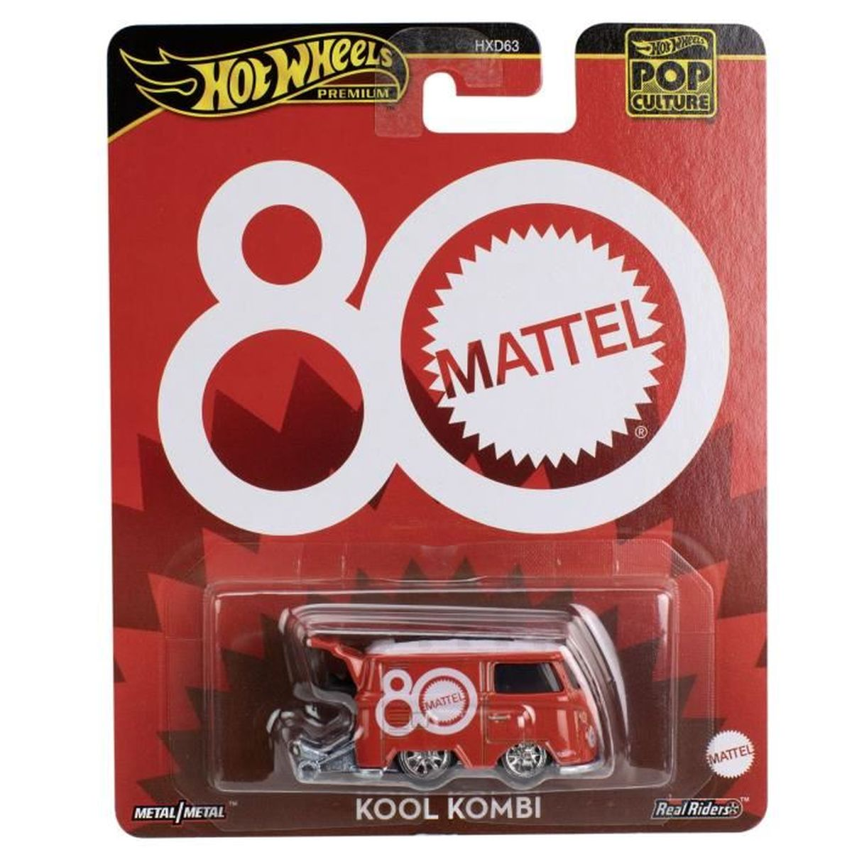 Un'auto giocattolo rossa Hot Wheels Kool Kombi in una custodia di plastica. La confezione è rossa con un '80' bianco e il logo Mattel.
