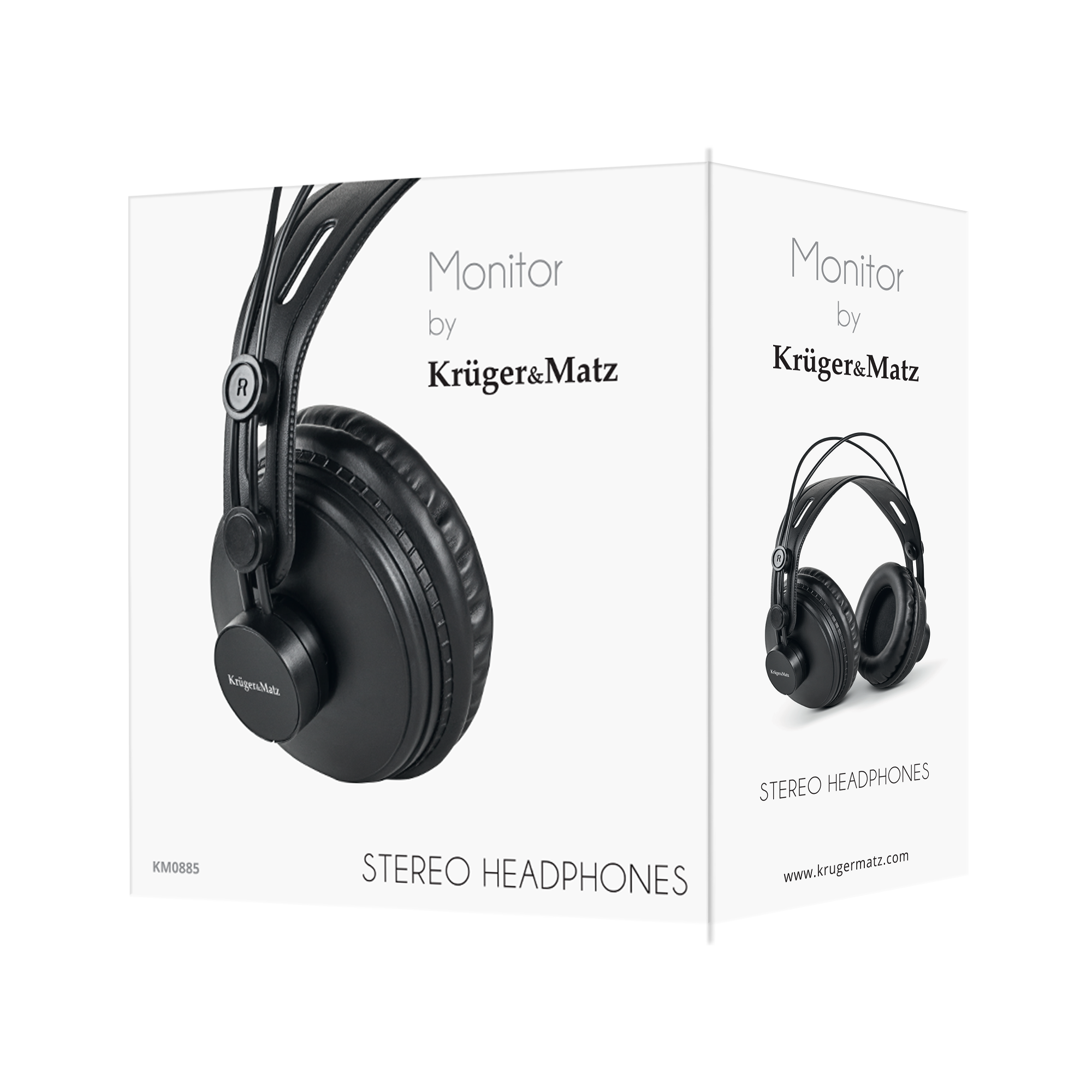 Czarne słuchawki stereo Kruger&Matz. Pudełko ma dwa zdjęcia słuchawek. Białe tło. Tekst: Monitor by Kruger&Matz.