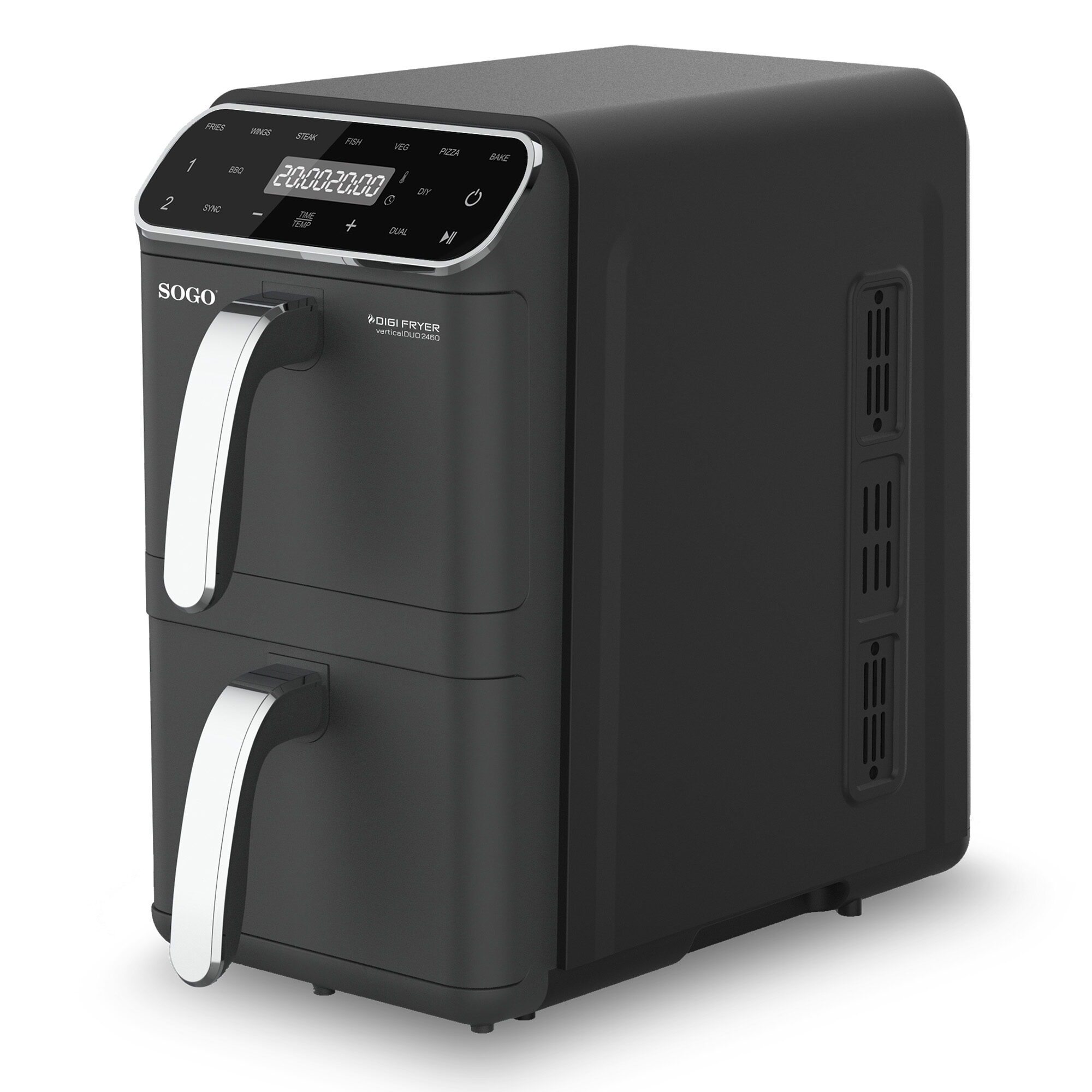 Una friggitrice ad aria SOGO Digi Fryer nera con maniglie argentate e un display digitale che mostra tempo e opzioni di cottura.