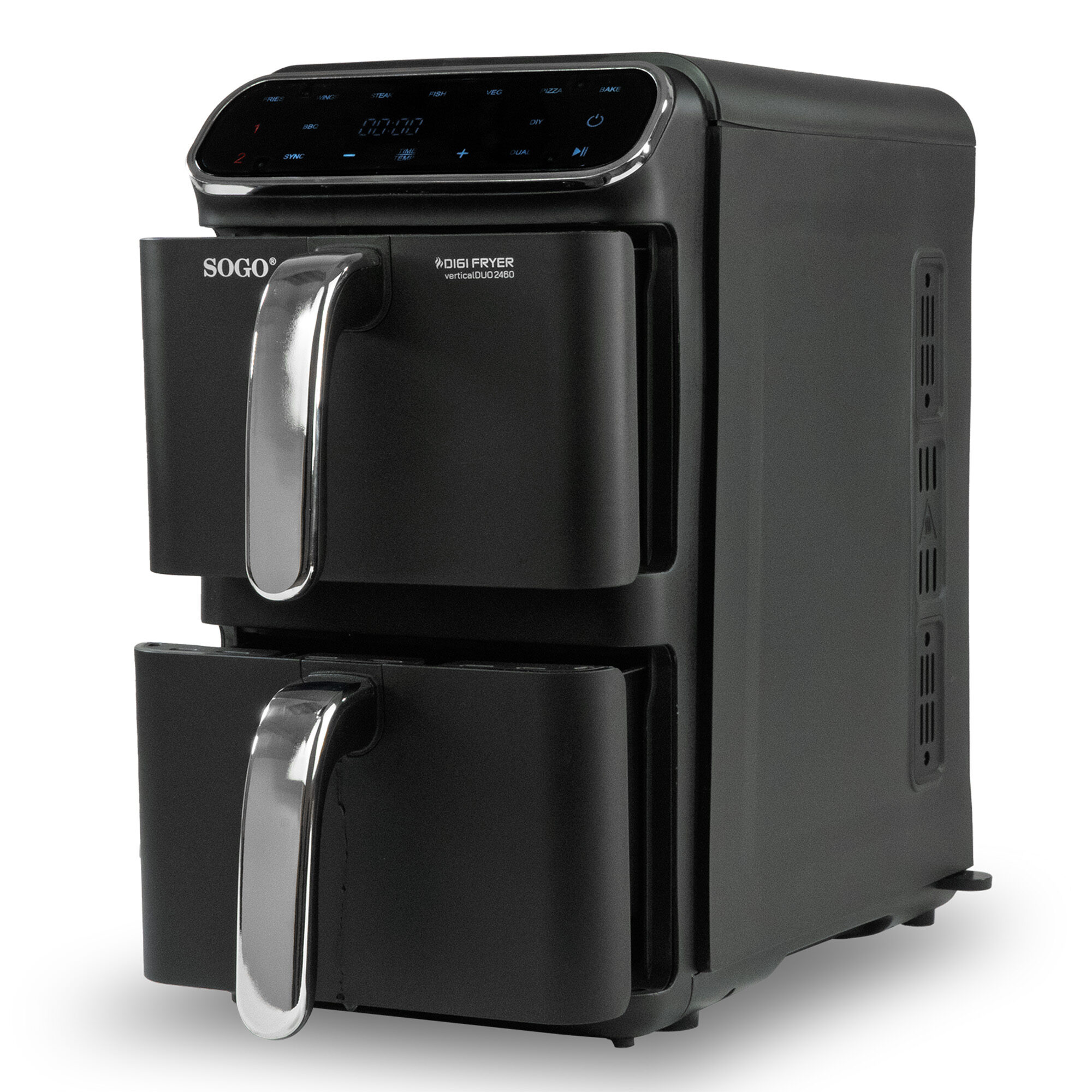 Friggitrice ad aria nera con due scomparti, maniglie argentate e display digitale. Il marchio SOGO e il modello Digi Fryer sono visibili.