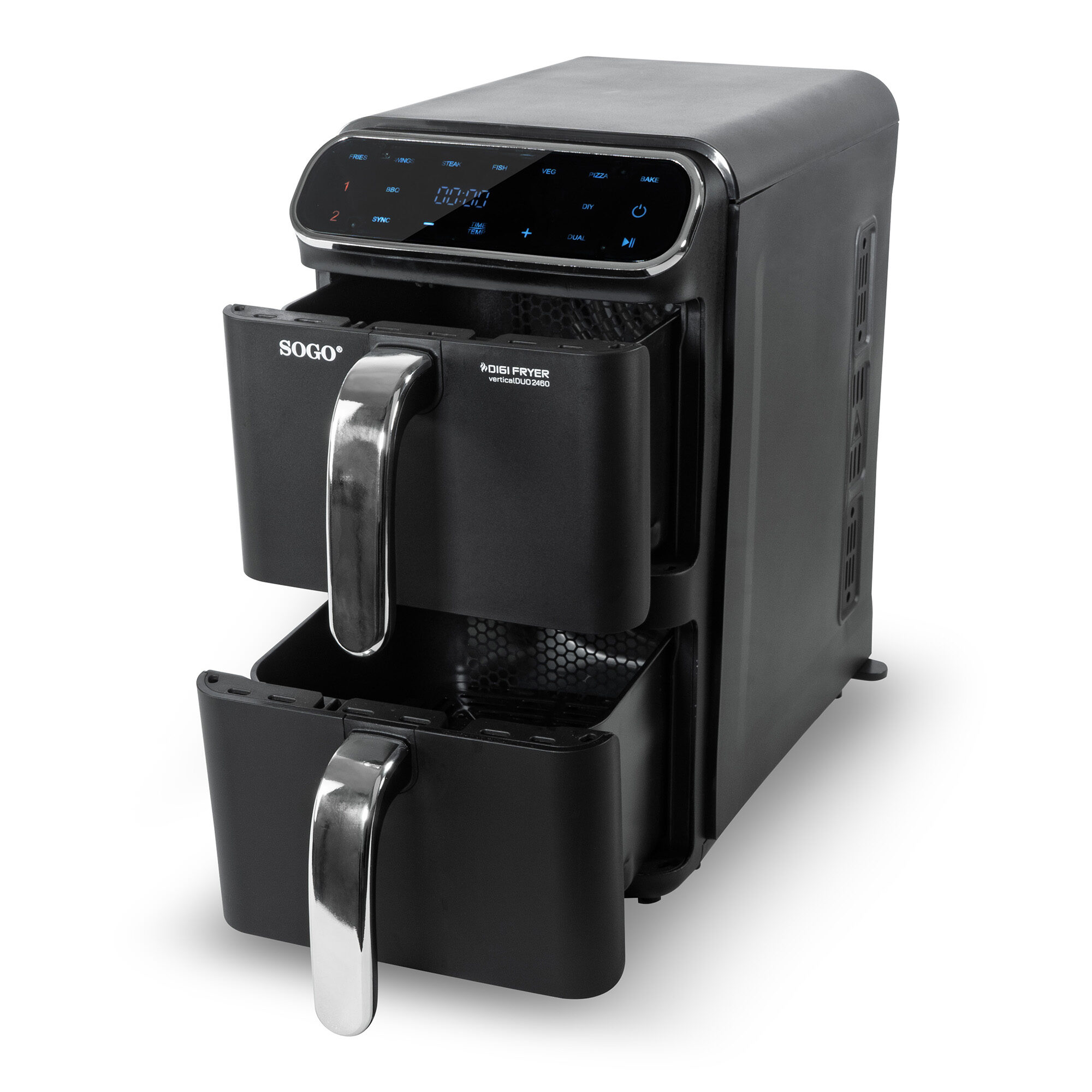 Friggitrice ad aria Sogo nera con due cassetti, display digitale e maniglie argentate, su sfondo bianco.