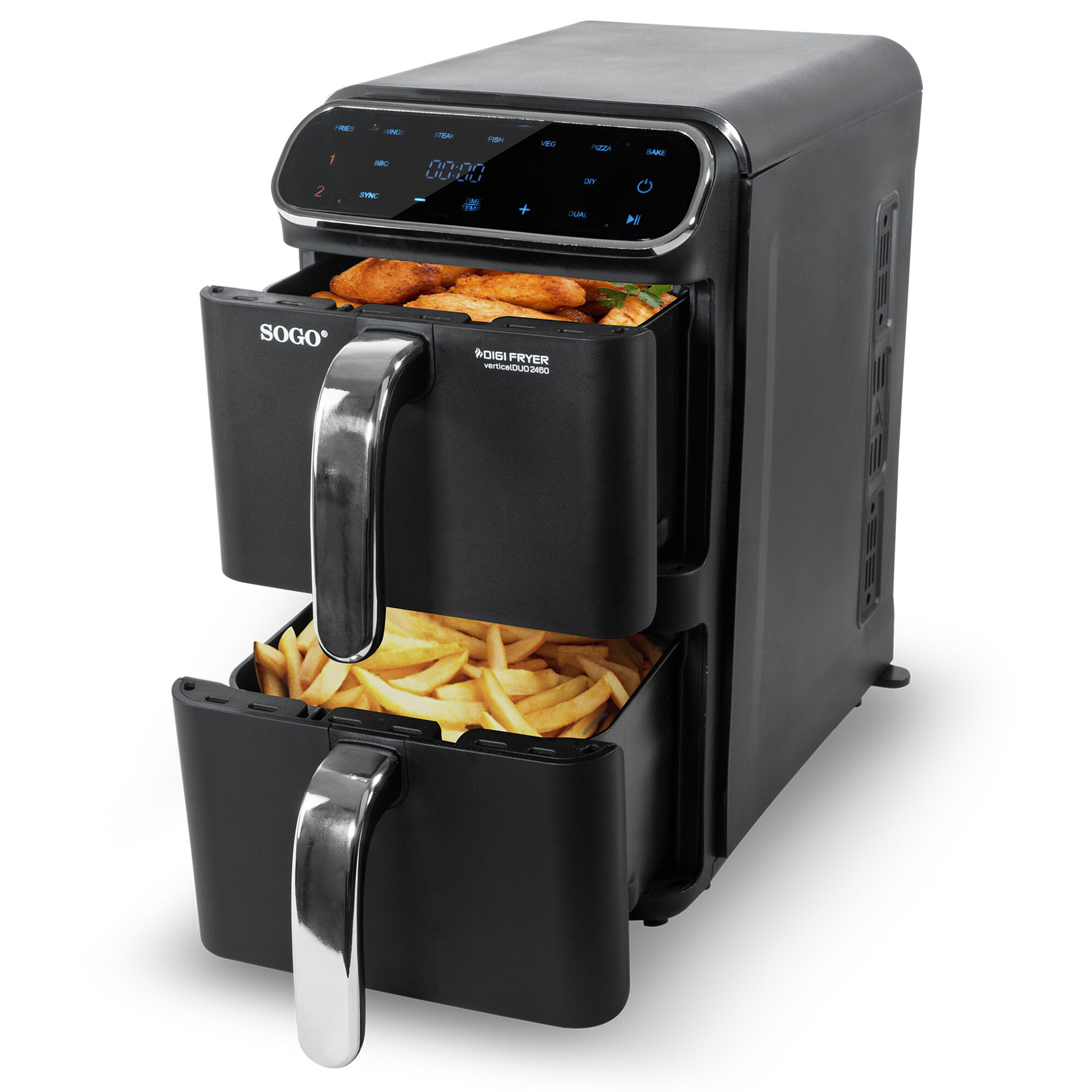 Friggitrice ad aria Sogo nera con due cestelli, uno con patatine fritte, l'altro con cibo. Un display digitale è sopra.