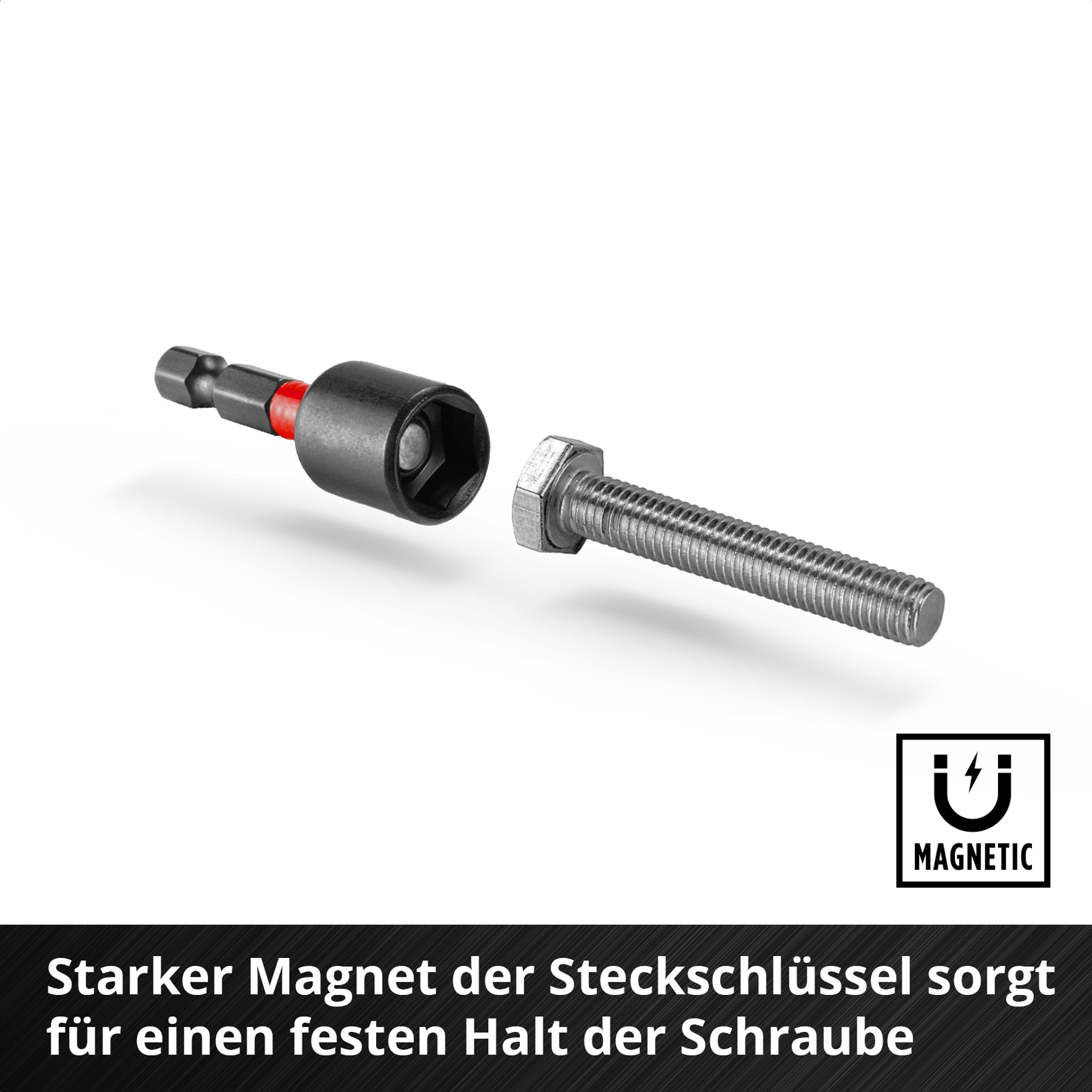 Ein schwarzer Steckschlüssel, eine Schraube und ein "Magnetic"-Logo. Der Steckschlüssel hat ein rotes Band. Die Schraube ist silber.
