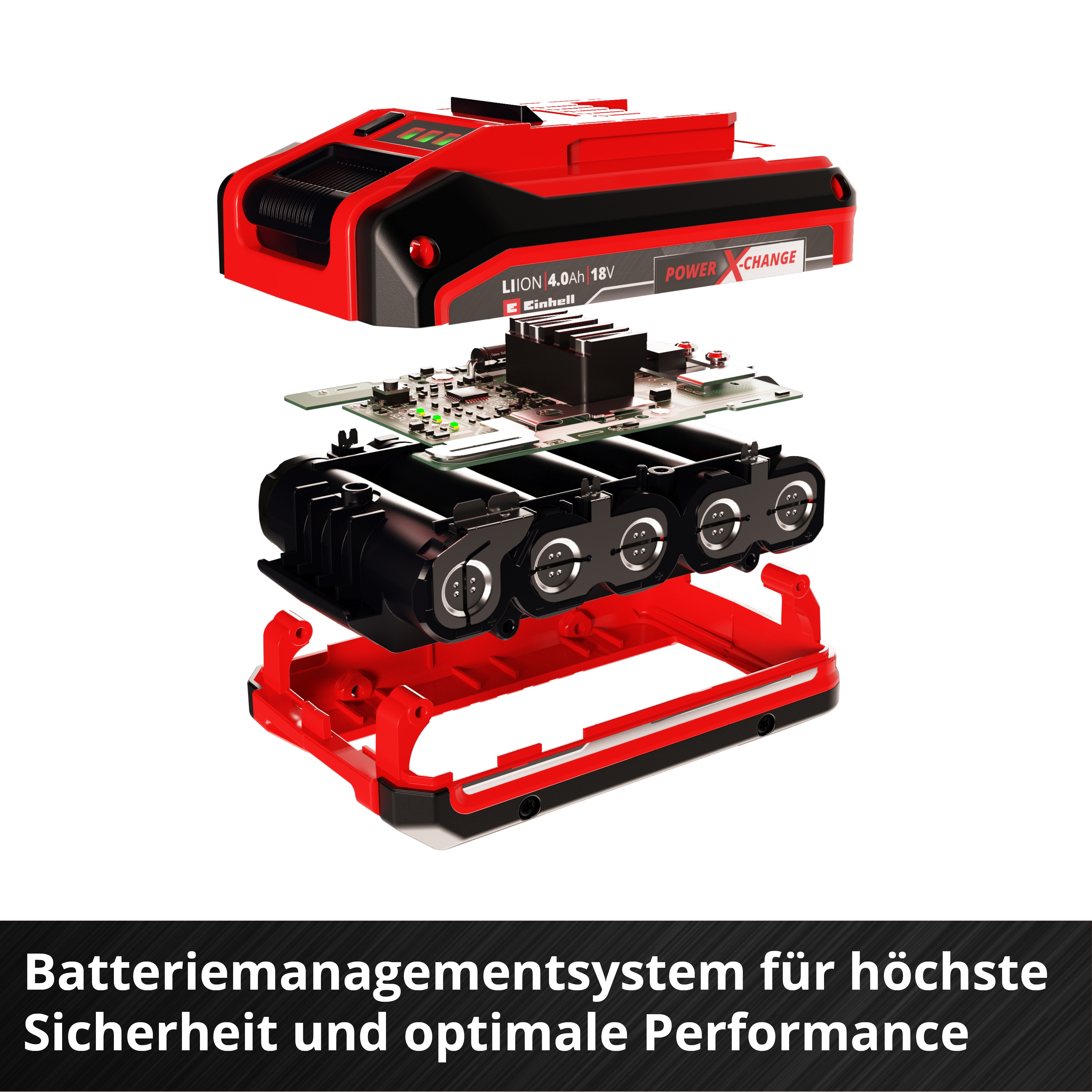 Vista esplosa di un pacco batteria rosso e nero. I componenti includono un circuito stampato e celle nere.