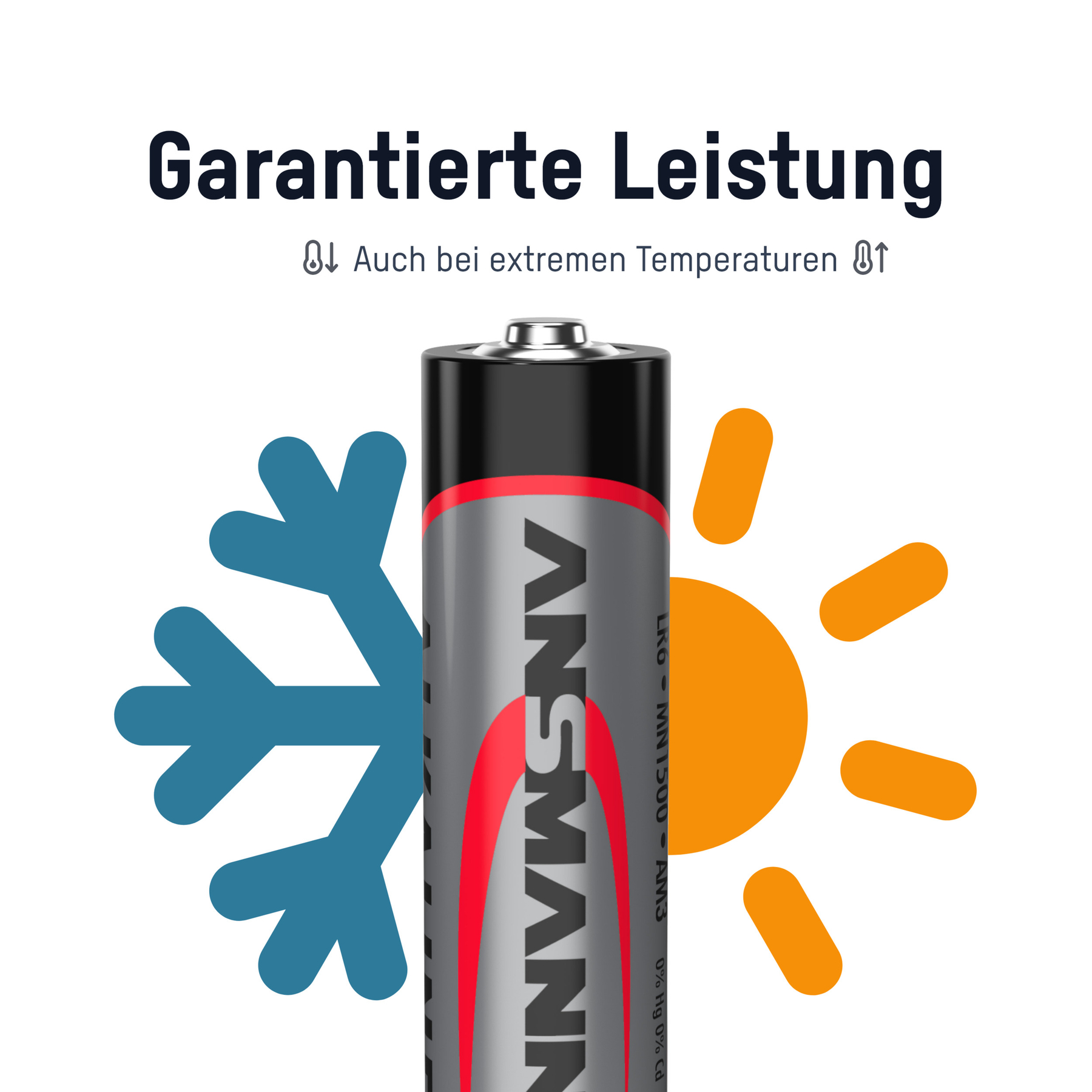 Eine Batterie mit Schneeflocken- und Sonnensymbol, das Leistung bei extremen Temperaturen anzeigt. Die Marke ist ANSMANN.