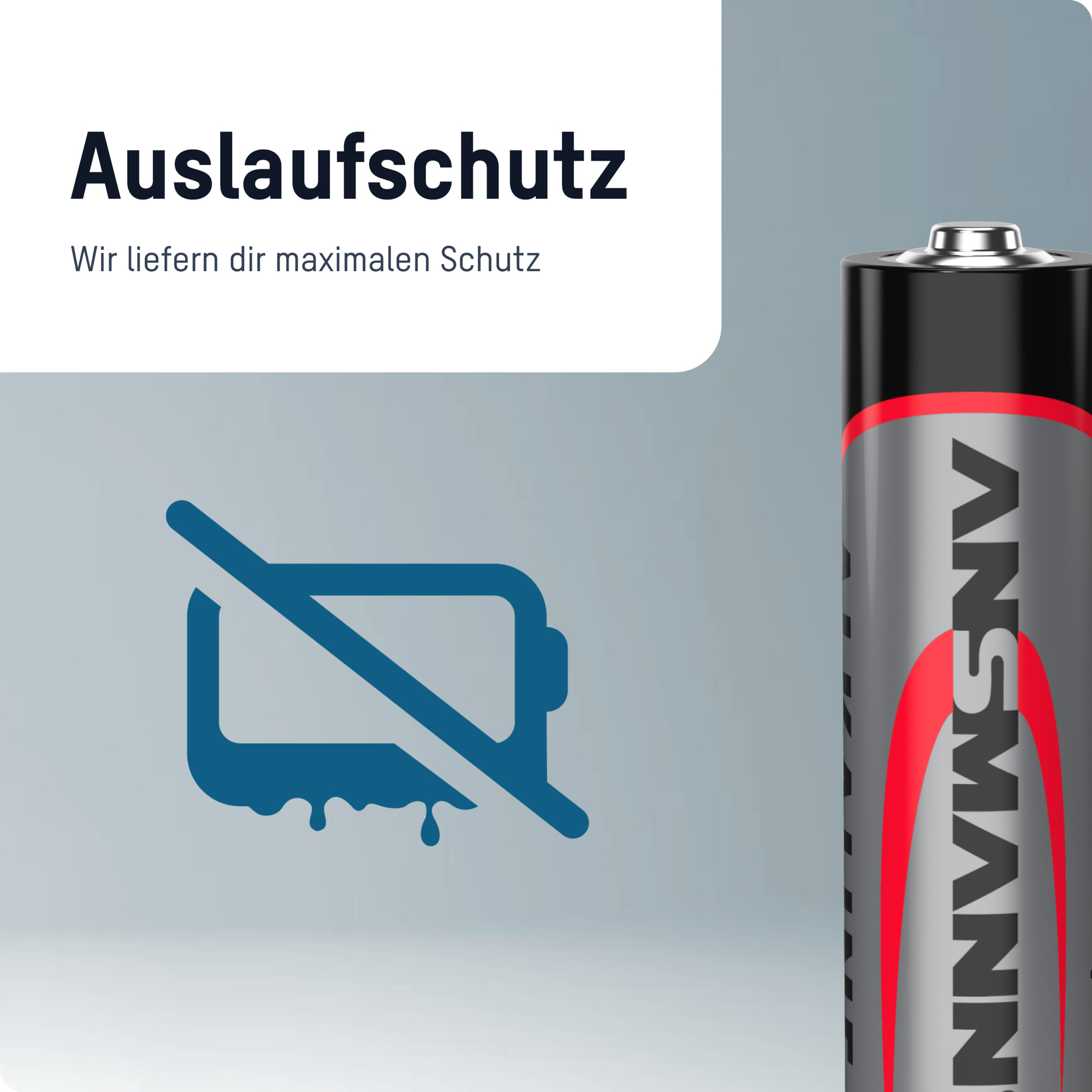 Das Bild zeigt eine ANSMANN-Batterie mit Text zum Auslaufschutz. Ein Batteriesymbol ist durchgestrichen.