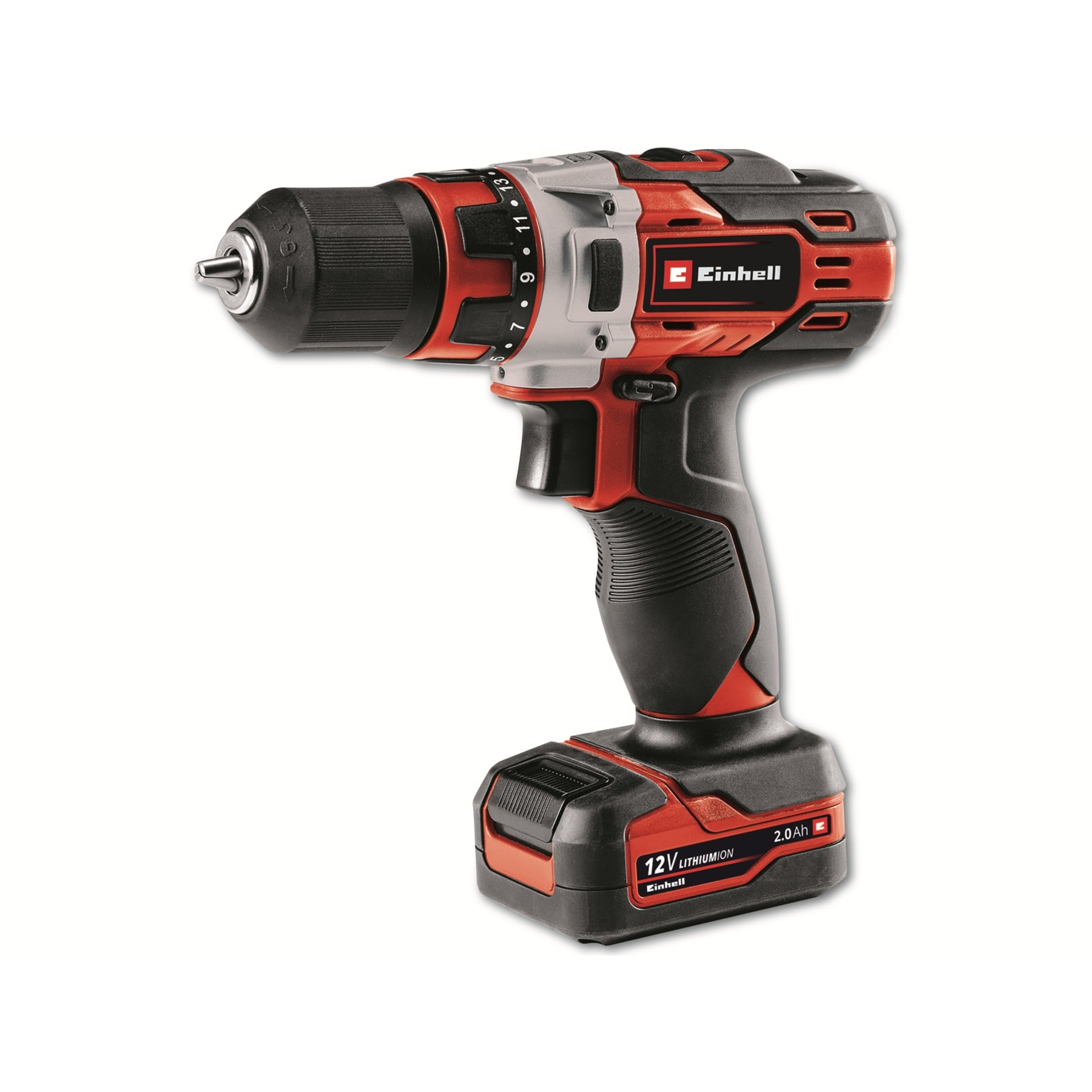 Czerwono-czarna wiertarko-wkrętarka akumulatorowa Einhell. Ma czarny uchwyt i akumulator, ze srebrną i czerwoną głowicą wiertarską. Tło jest białe.