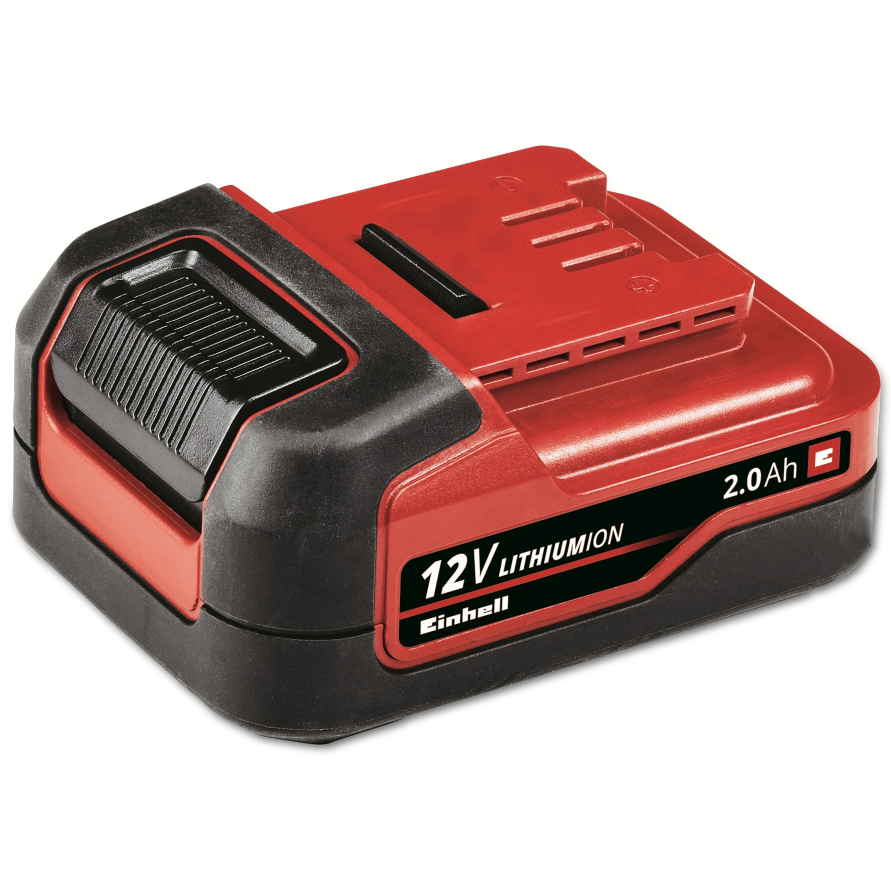 Czerwono-czarny akumulator litowo-jonowy Einhell 12V. Ma czarną górę, czerwony korpus i widoczną markę.
