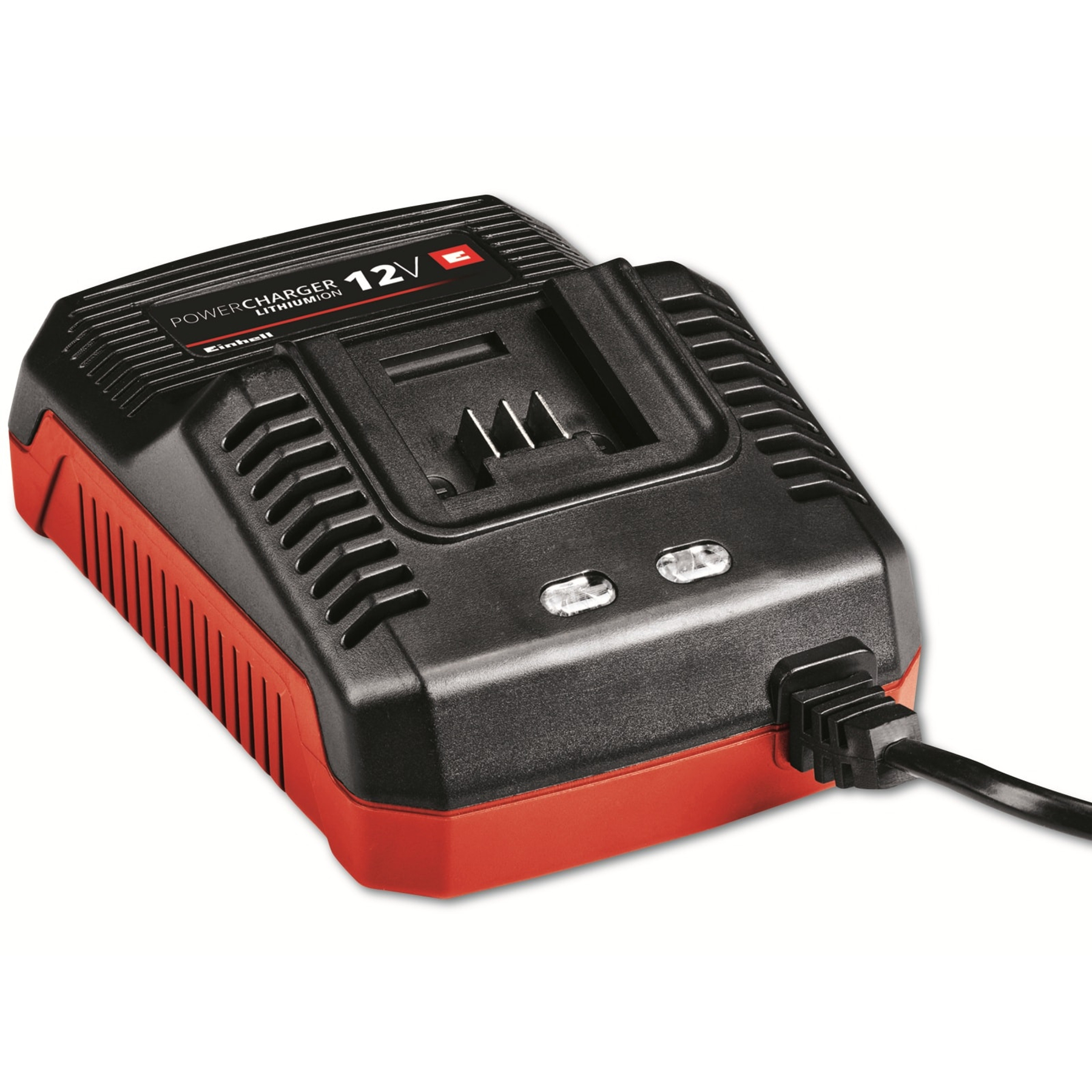 Czarna i czerwona ładowarka z etykietą 12V. Posiada kabel zasilający i znajduje się na białym tle.