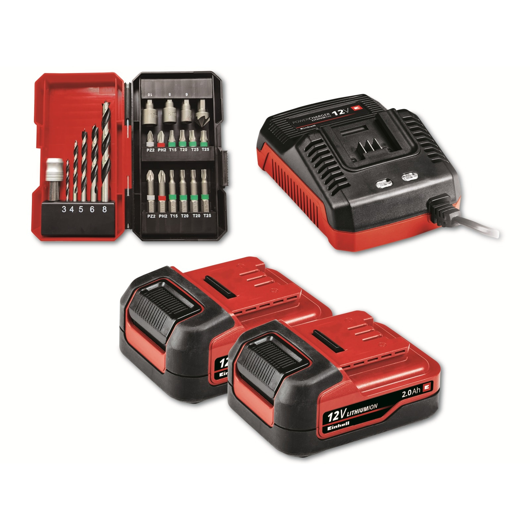 Zestaw wierteł, bitów do wkrętarki, dwie baterie i ładowarka na białym tle.