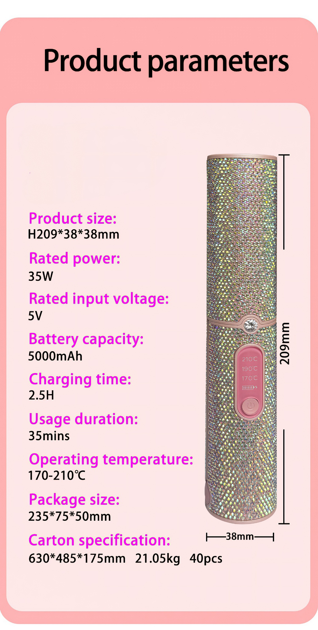 Eine Produktinfografik zeigt ein Gerät mit Spezifikationen: Größe, Leistung, Spannung, Batterie, Ladezeit, Nutzungsdauer, Temperatur.