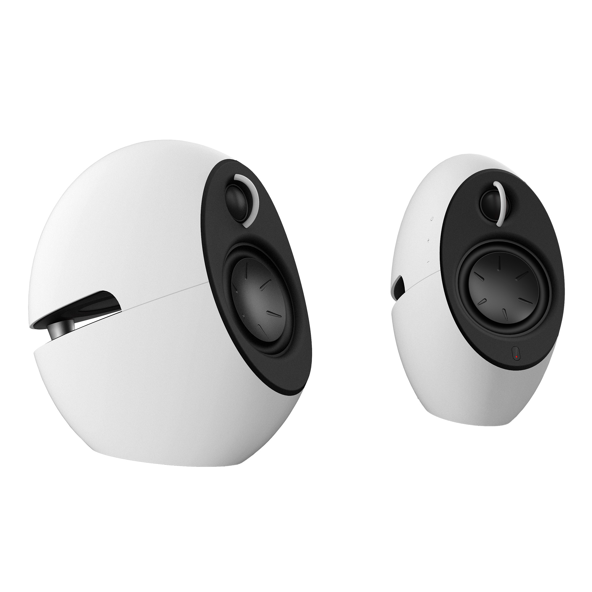 Dwa białe głośniki w kształcie jajka z czarnymi elementami głośnikowymi. Jeden jest nieco większy. Na białym tle.