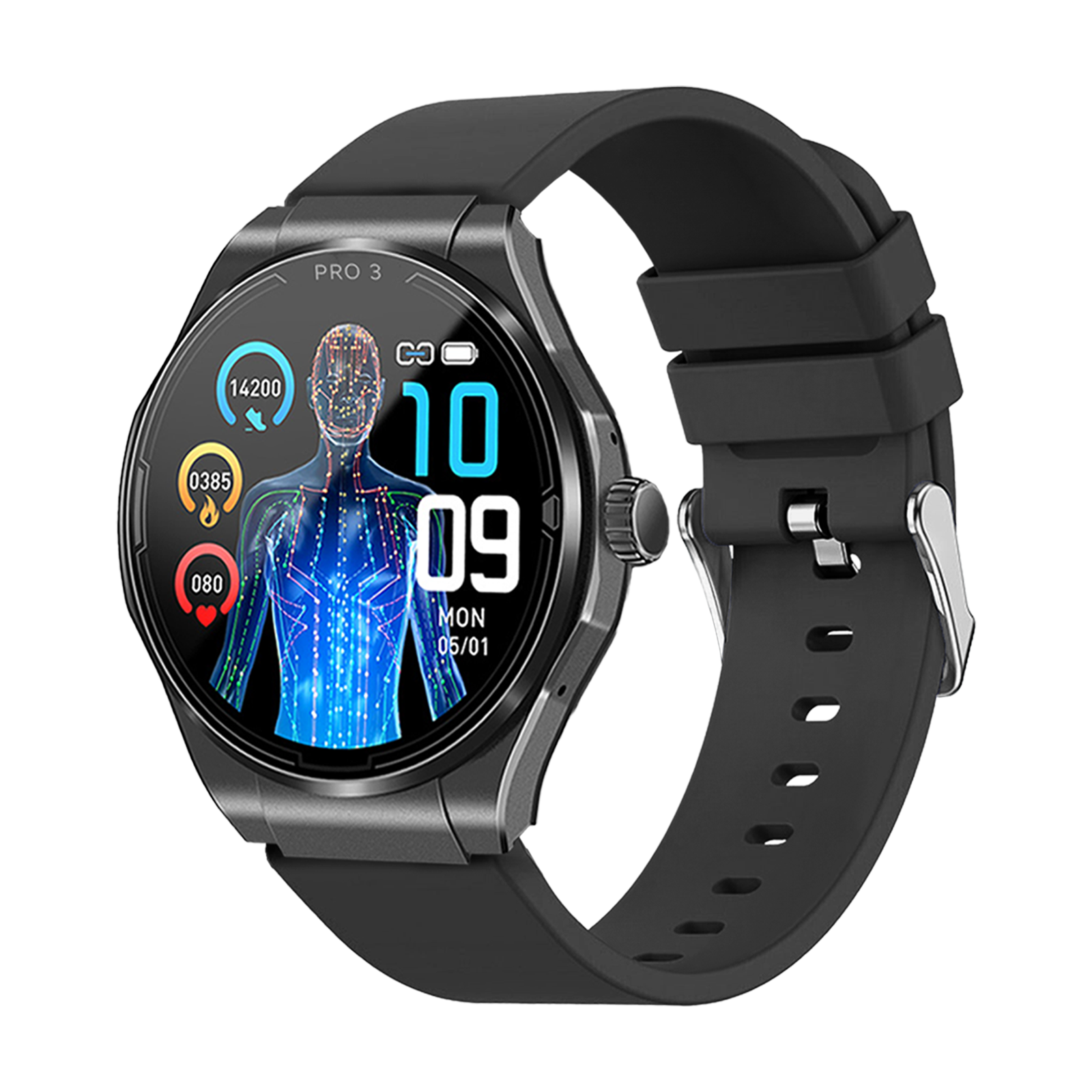 Eine schwarze Smartwatch mit rundem Display, das Gesundheitsdaten, Datum und Uhrzeit anzeigt. Sie hat ein schwarzes Armband und eine silberne Schnalle.
