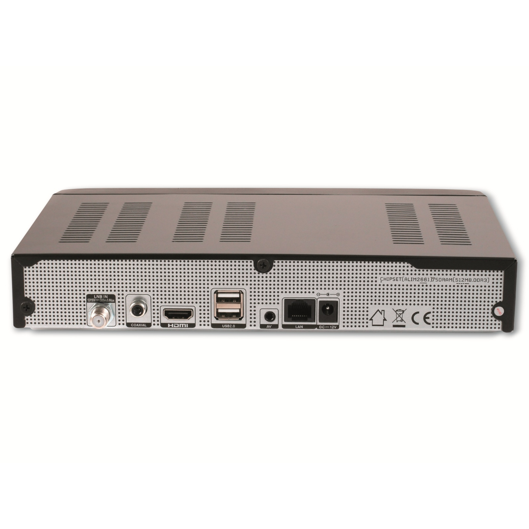 Ein schwarzer Digitalreceiver. Er hat verschiedene Anschlüsse wie Koaxial, HDMI, USB, LAN und DC-12V. Die Oberseite hat Lüftungsschlitze.
