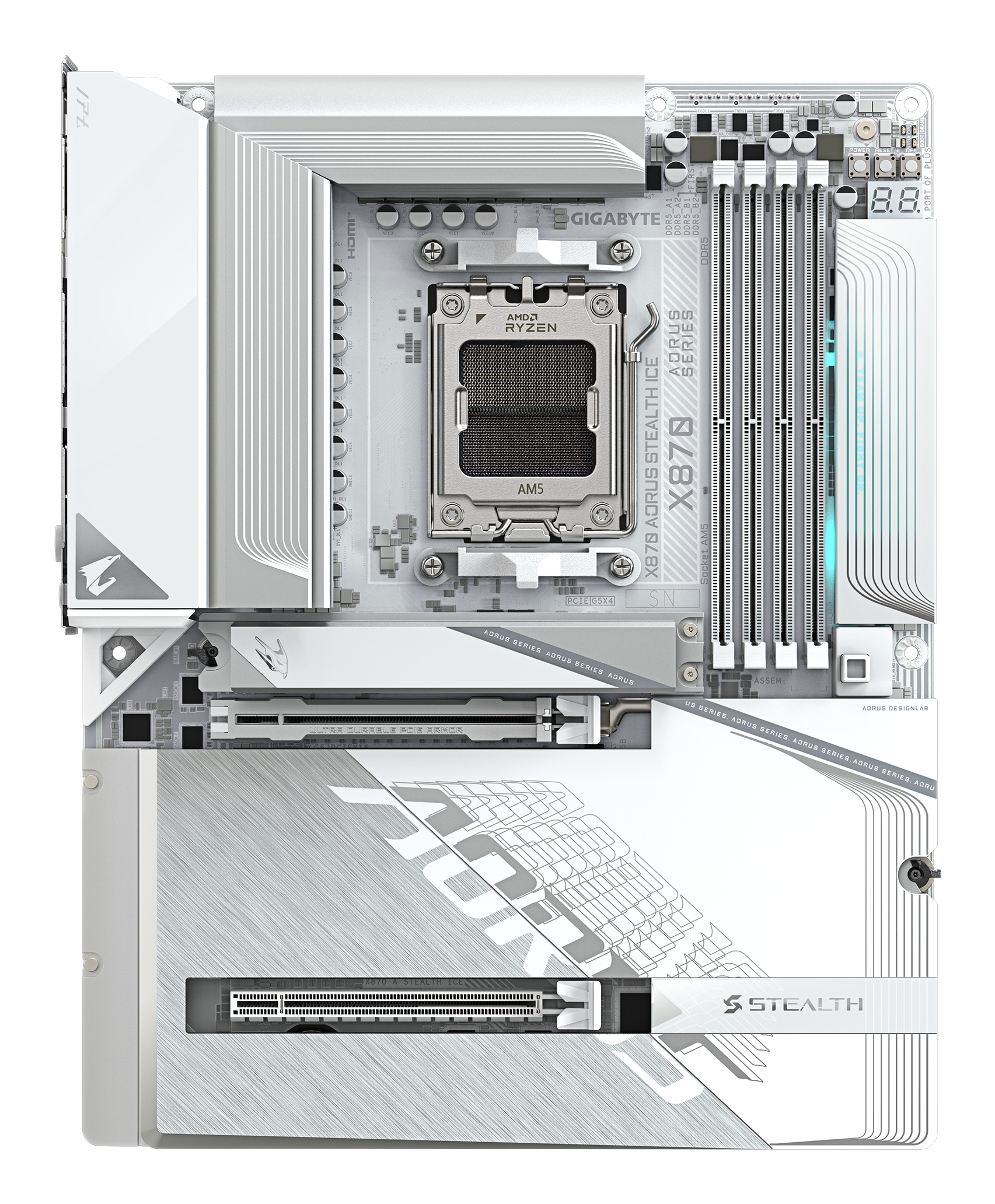 Een wit moederbord met zilveren accenten. Het heeft een AMD Ryzen CPU-socket, RAM-sleuven en diverse poorten.