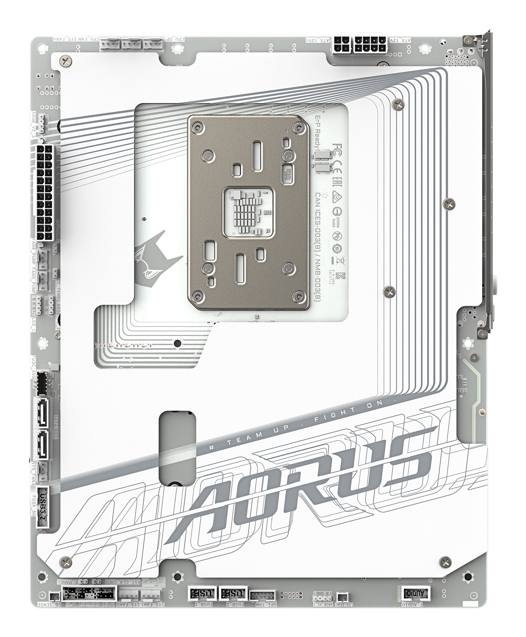 Een wit en grijs computer moederbord met het AORUS logo en diverse poorten, connectoren en componenten zichtbaar.