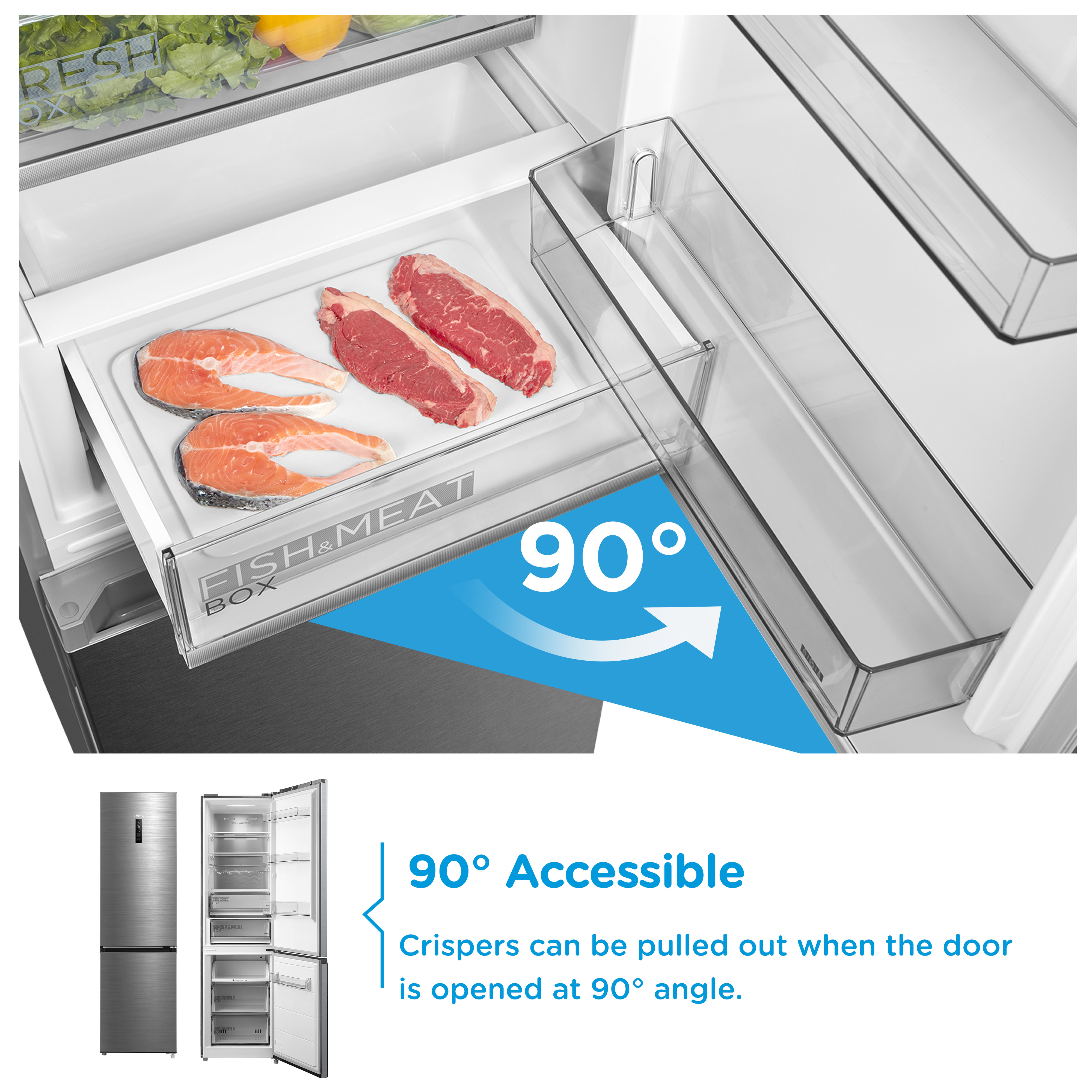 All'interno di un frigorifero ci sono pesce, carne e verdure. La porta si apre a 90 gradi. Un'etichetta dice 'FISH & MEAT BOX'.