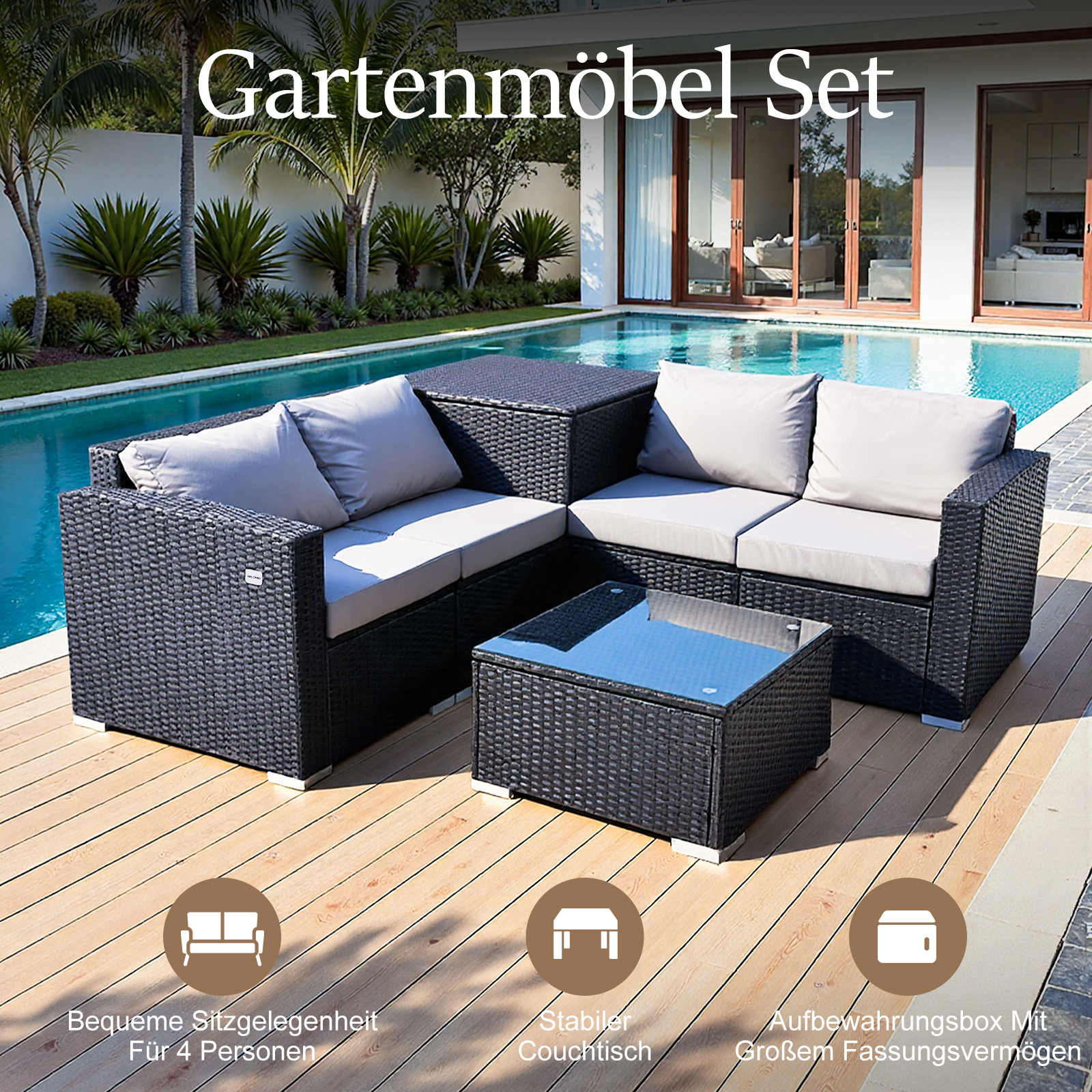 Czarny zestaw mebli ogrodowych z wikliny z szarymi poduszkami, stolikiem kawowym i basenem w tle.