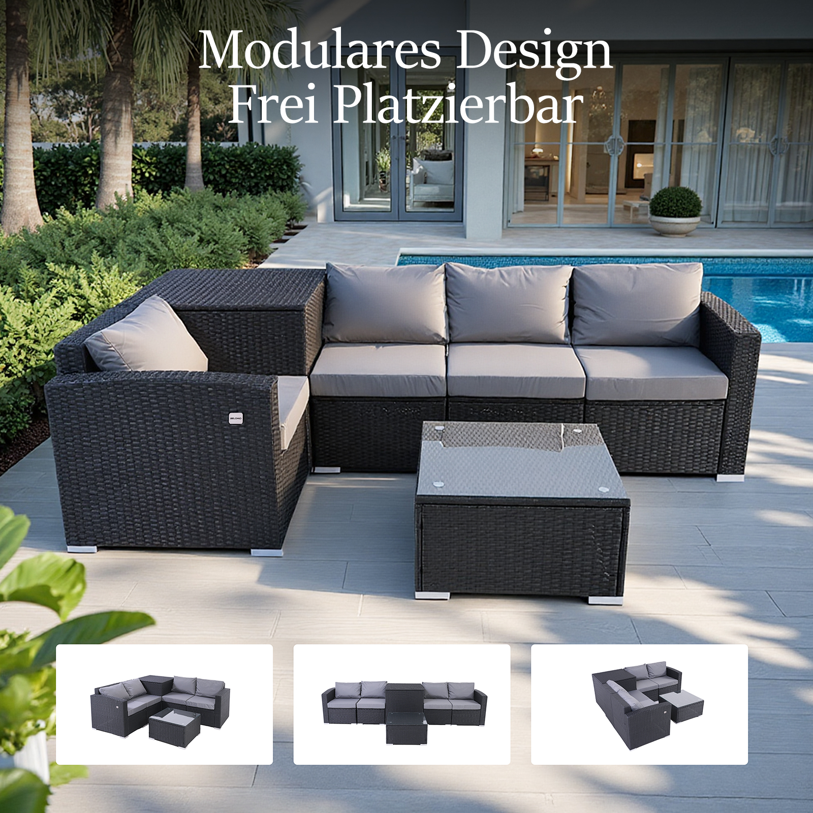 Czarna, wiklinowa sofa narożna z szarymi poduszkami i stolikiem kawowym ze szklanym blatem stoi na patio.