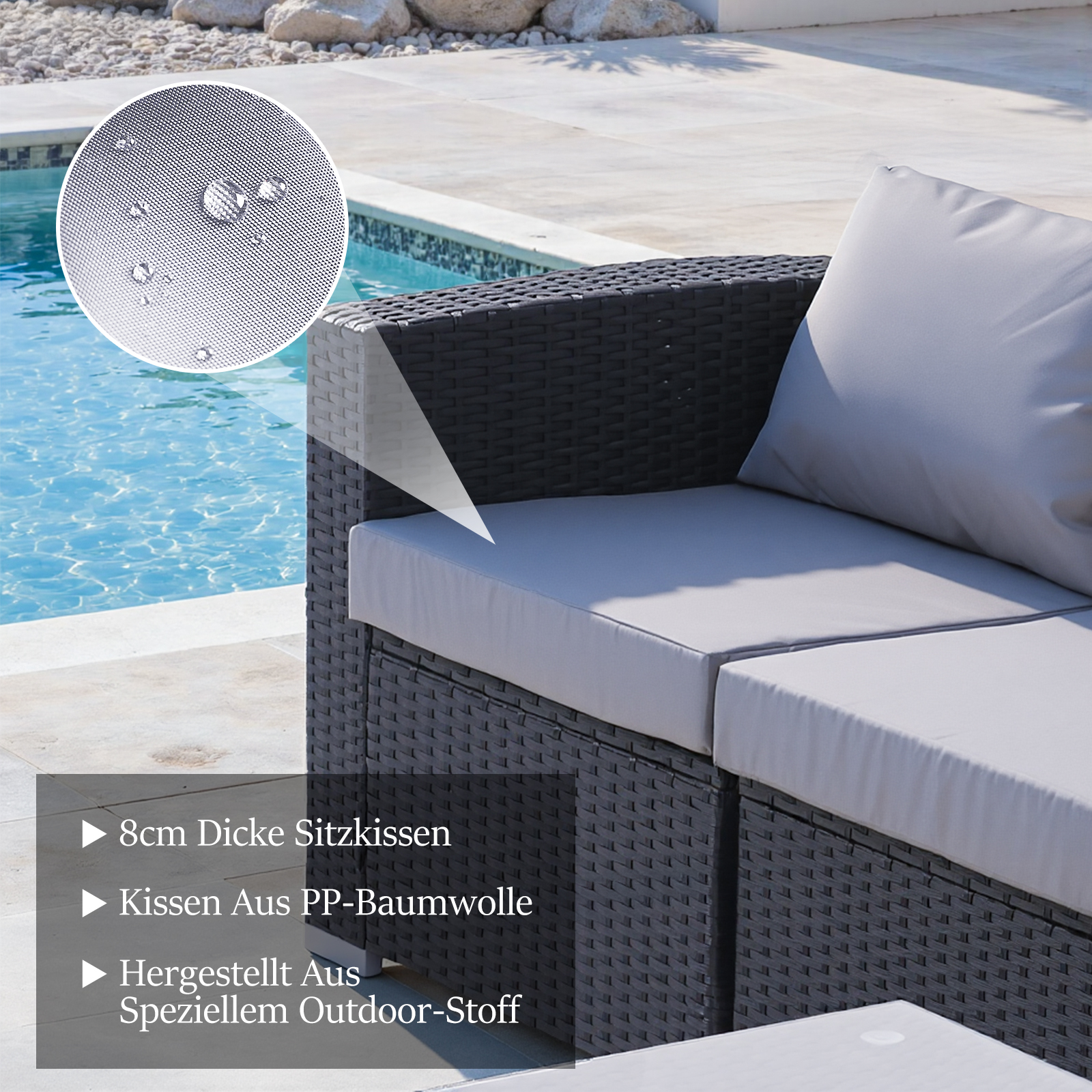 Sofa ogrodowa z szarymi poduszkami. Krople wody na tkaninie pokazane są w okręgu. W tle znajduje się basen.